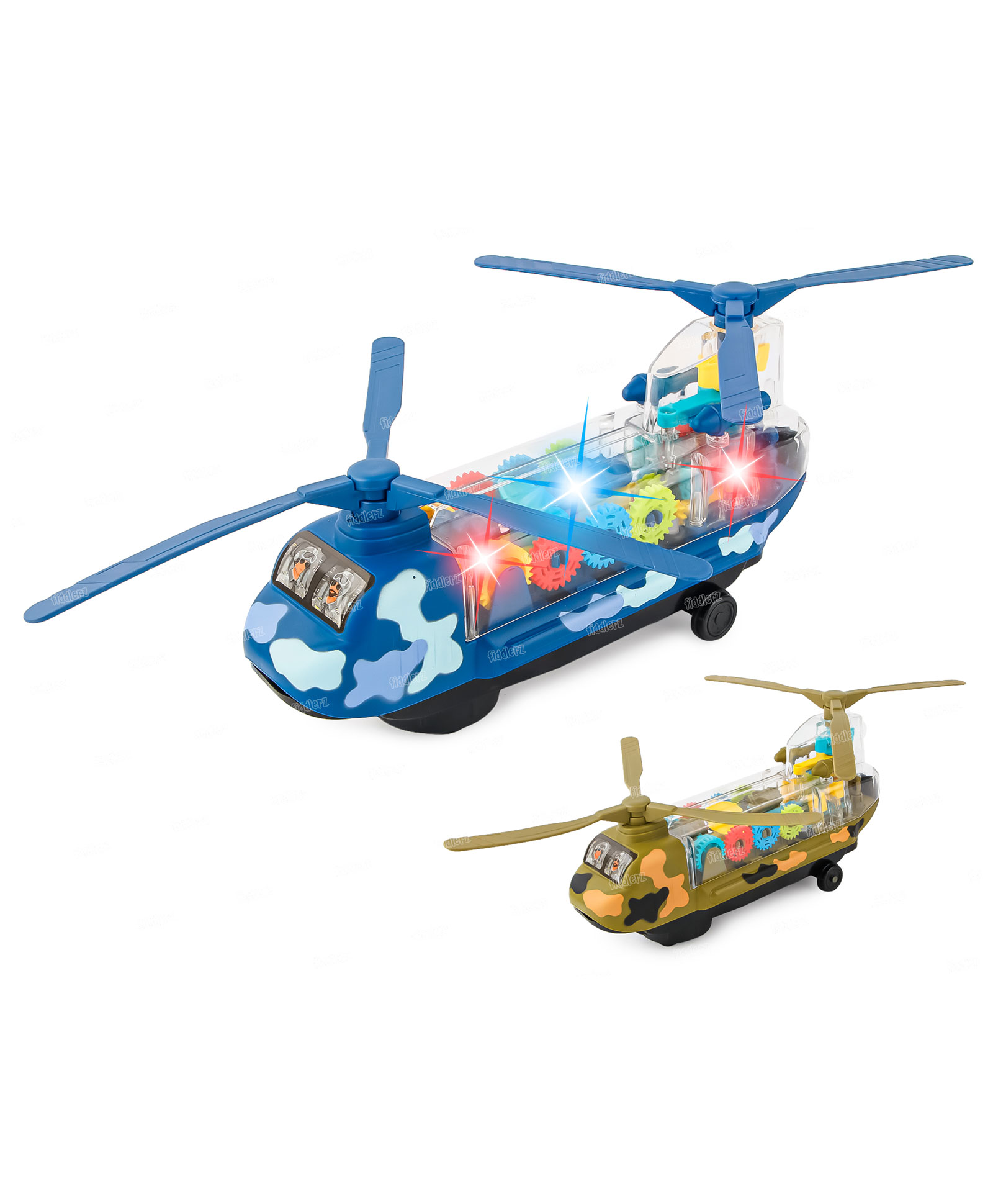 Fiddlerz Transparent Gear Transporter Helicopter Airplane Vehicle Toy with Lights Music & Bump & Go Mode (Random Colour)-image-41