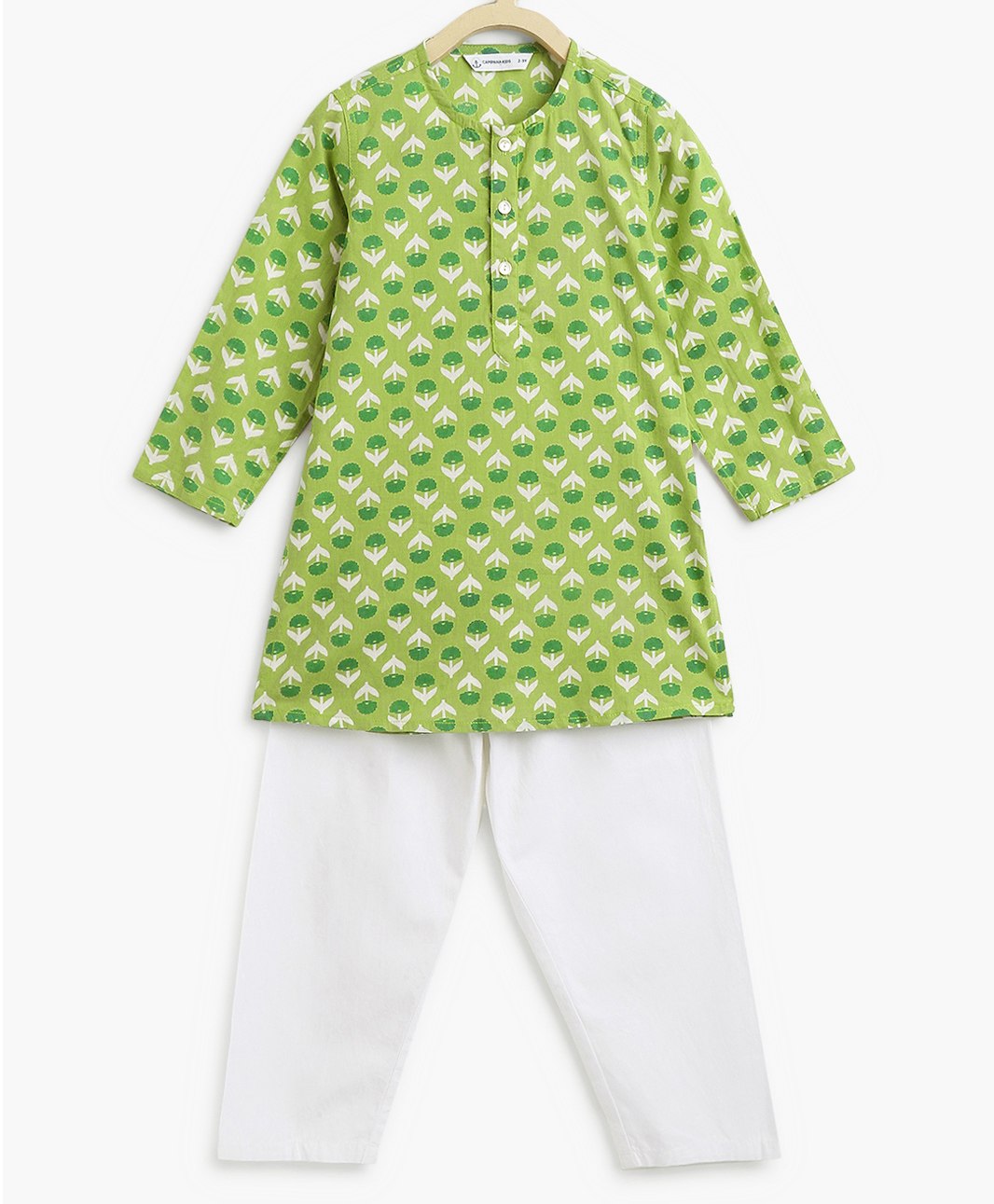 Campana 100% Cotton Full Sleeves Ethnic Floral Motifs Printed Kurta With Pyjama - Green-picture-27