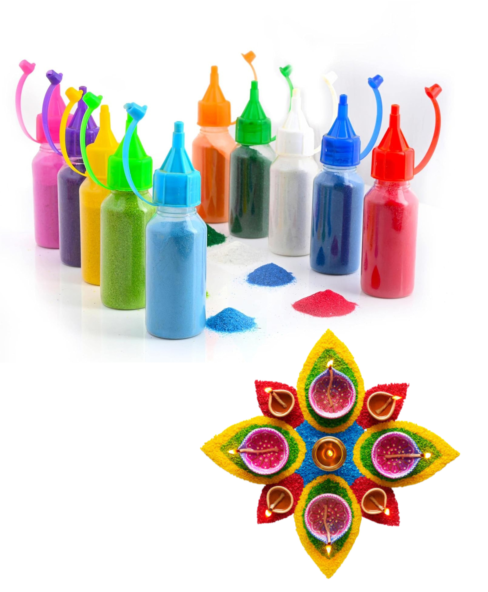 Paper Moon Assorted Rangoli Powder Colors Bottles Set of 10 with Nozzle for Rangoli Making on Diwali - Multicolor-image-37