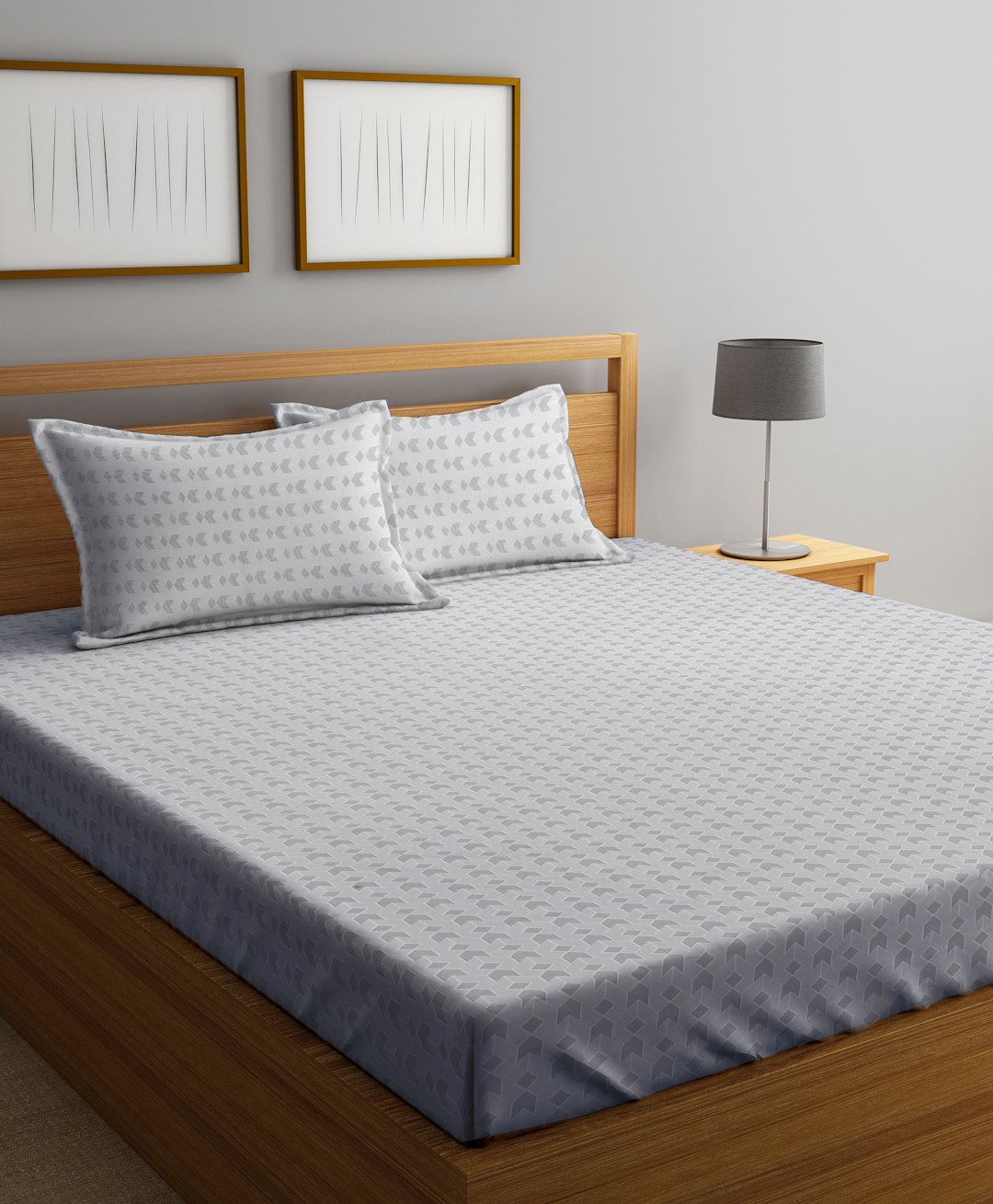 Klotthe Grey Geometric 300 TC Cotton Blend Double Bedsheet with 2 Pillow Covers-picture-18