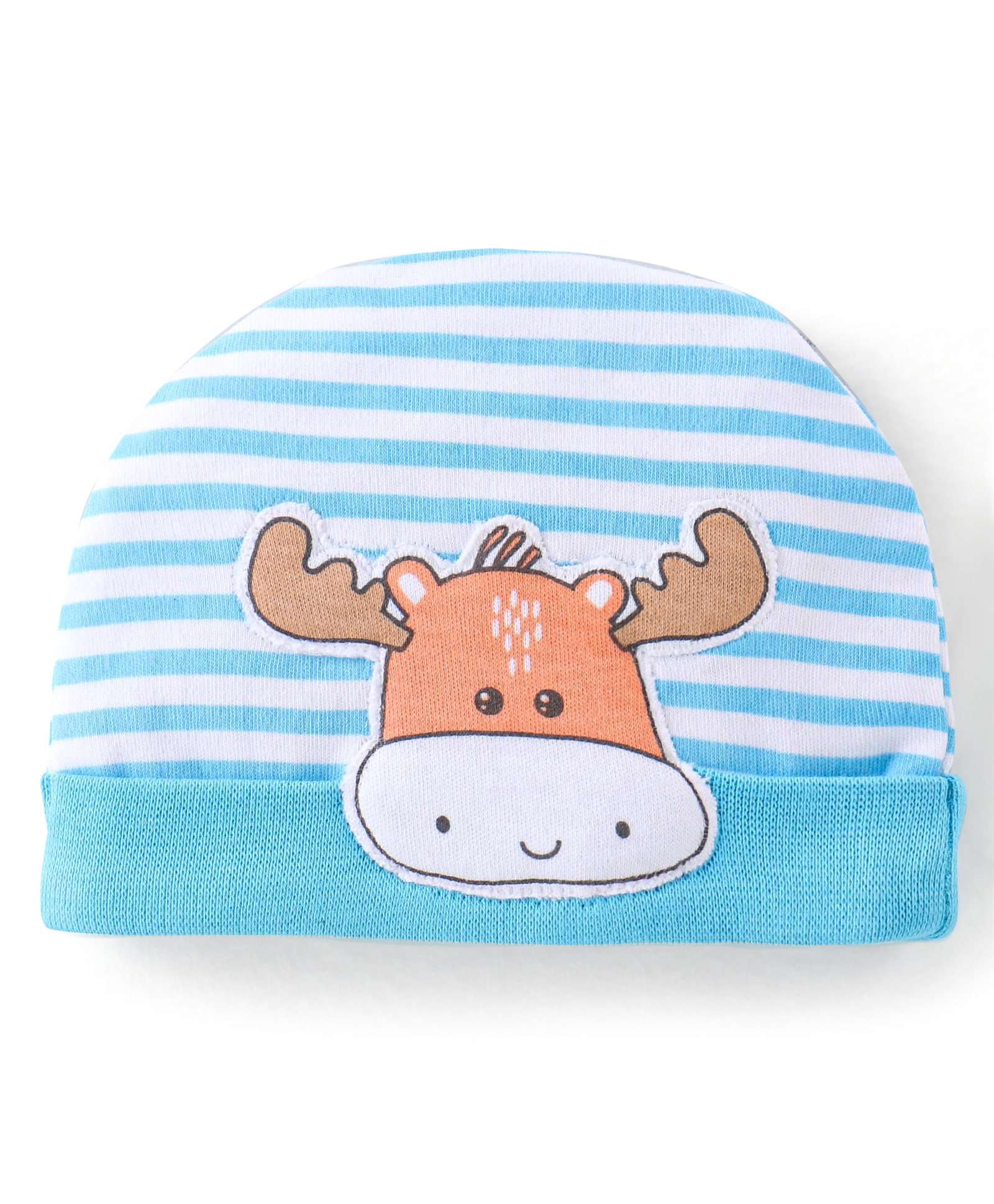 Babyhug 100% Cotton Knit Striped Cap with Moose Applique - Blue-picture-24