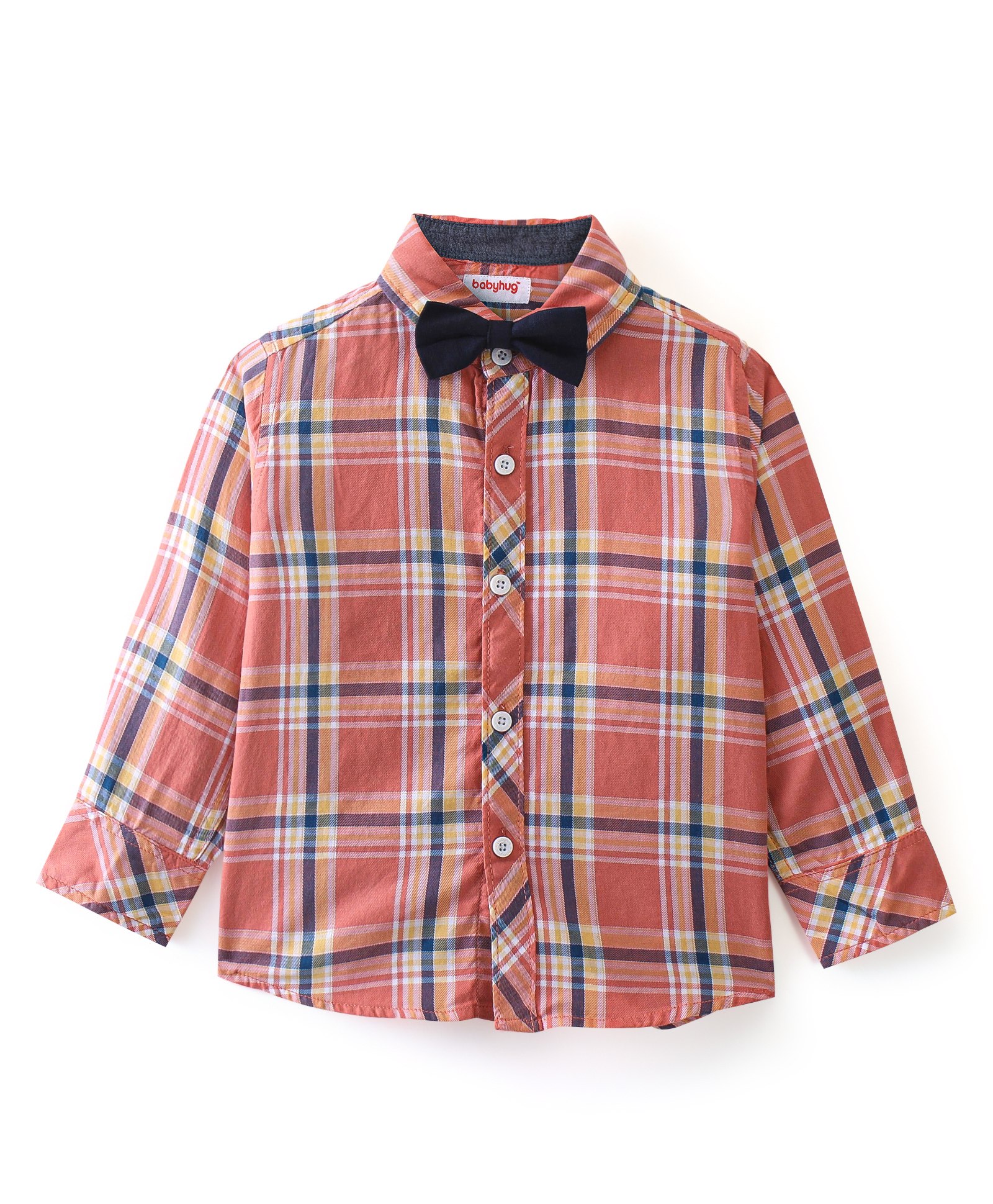 Babyhug Woven Full Sleeves Shirt Checkered with Bow - Peach-image-47