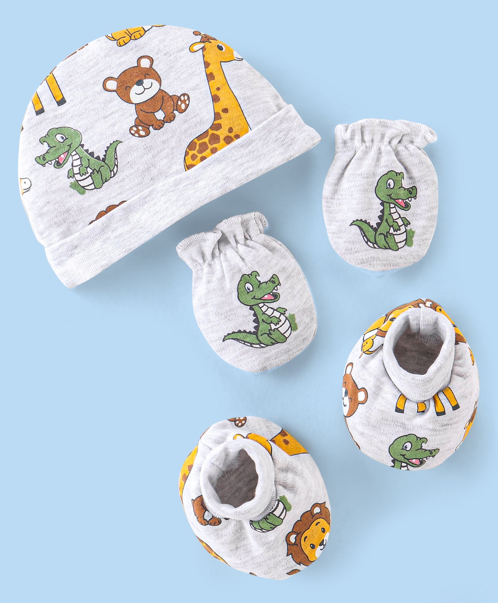Babyhug 100% Cotton Knit Cap Mittens & Booties Set Teddy Print - Grey-image-48