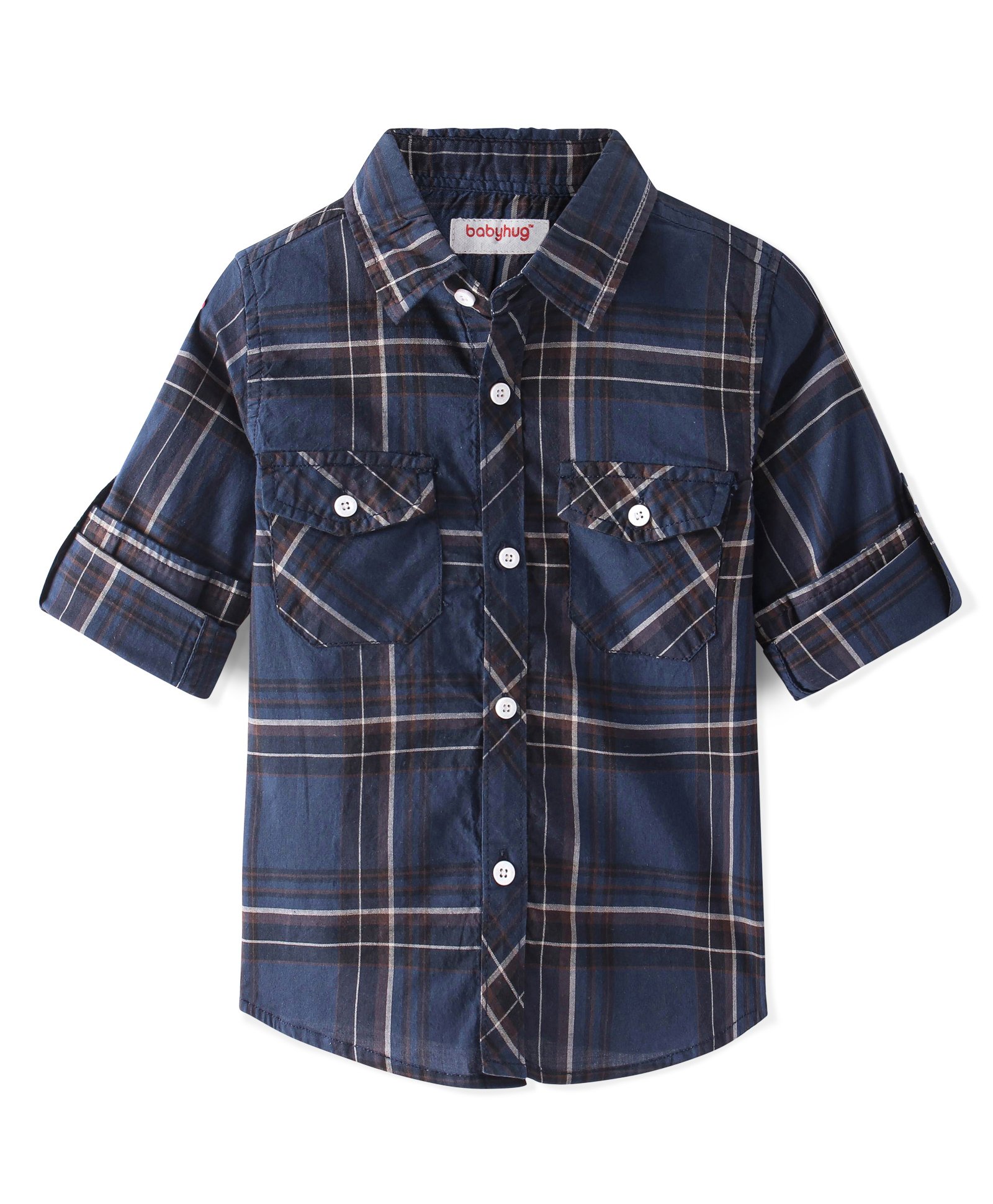 Babyhug 100% Cotton Woven Full Sleeve Check Regular Collar Double Pocket Shirt - Navy Blue-image-32
