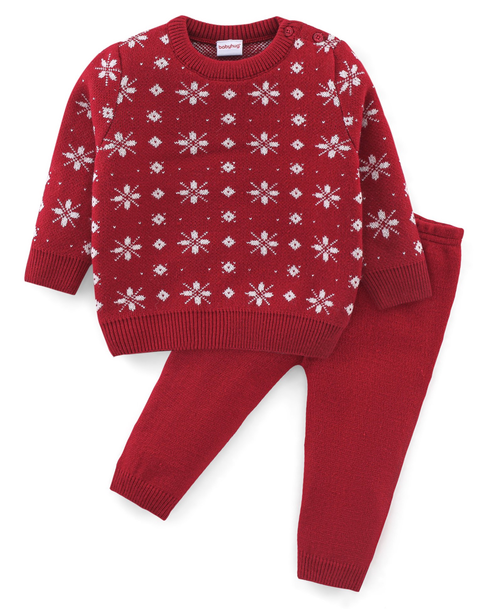 Babyhug Knitted Full Sleeves Sweater Set With Intarsia Design - Red