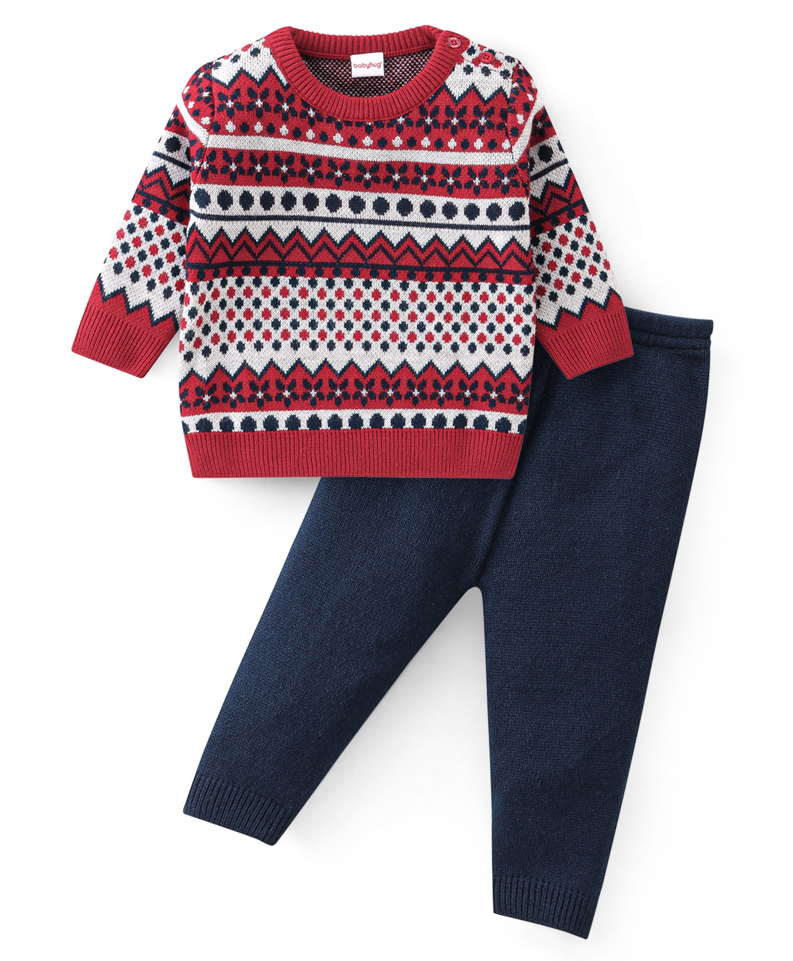 Babyhug Knitted Full Sleeves Floral Design Sweater Set - Navy & Red-image-49