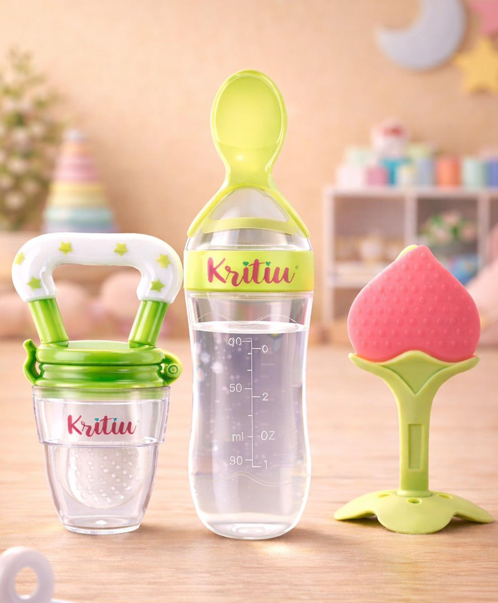 Kritiu Baby Feeding Combo Pack Of 3 Food Feeder Fruit Feeder & Stand Teether - Multicolor-picture-36