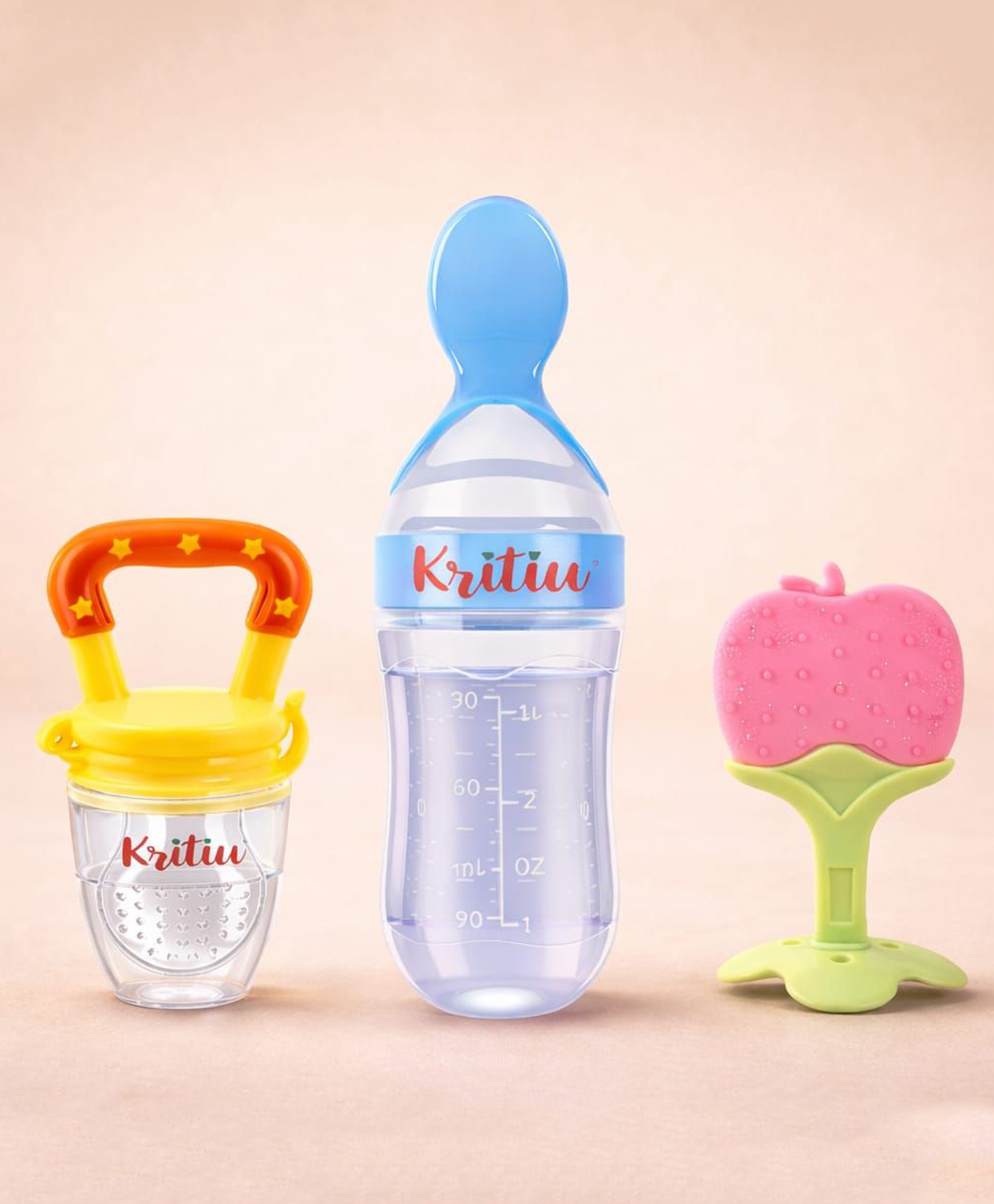 Kritiu Baby Feeding Combo Pack Of 3 Food Feeder Fruit Feeder & Stand Teether - Multicolor-picture-49