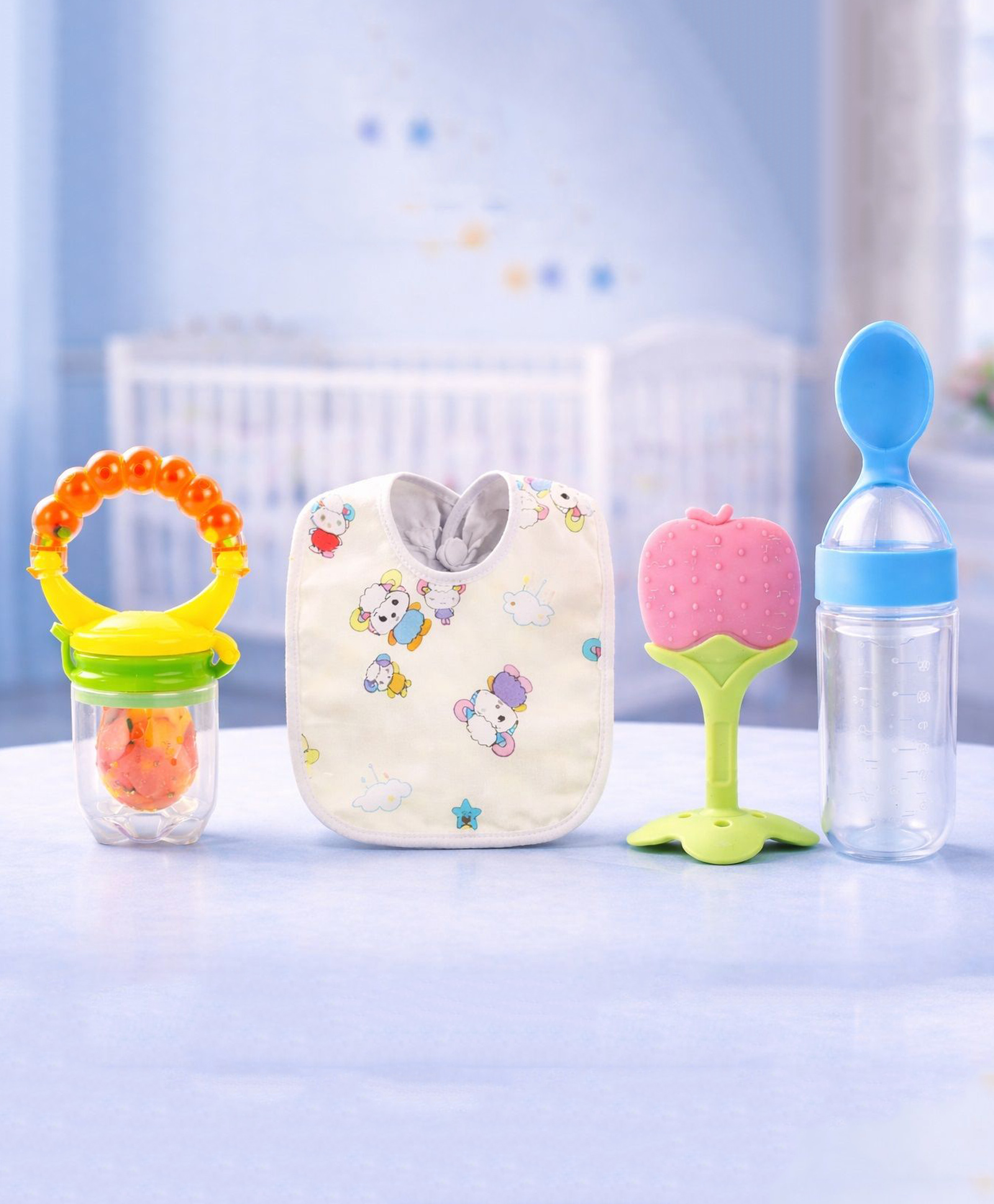 Kritiu Baby Silicone Fruit Feeder Food Feeder Teether And Bib Combo Of 4 ( Multicolor )-image-3