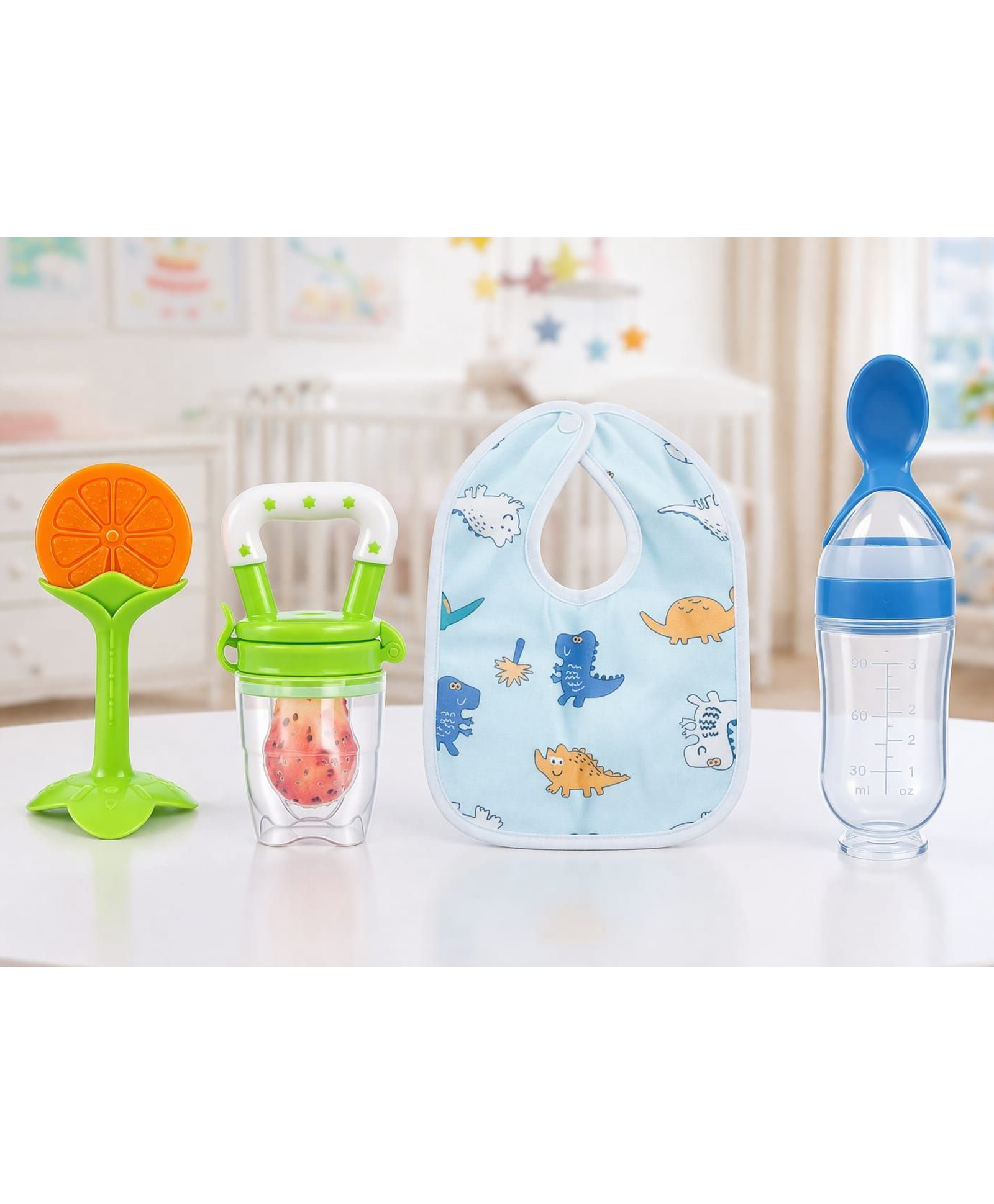 Kritiu Baby Silicone Fruit Feeder Food Feeder Teether And Bib Combo Of 4 ( Multicolor )-image-4