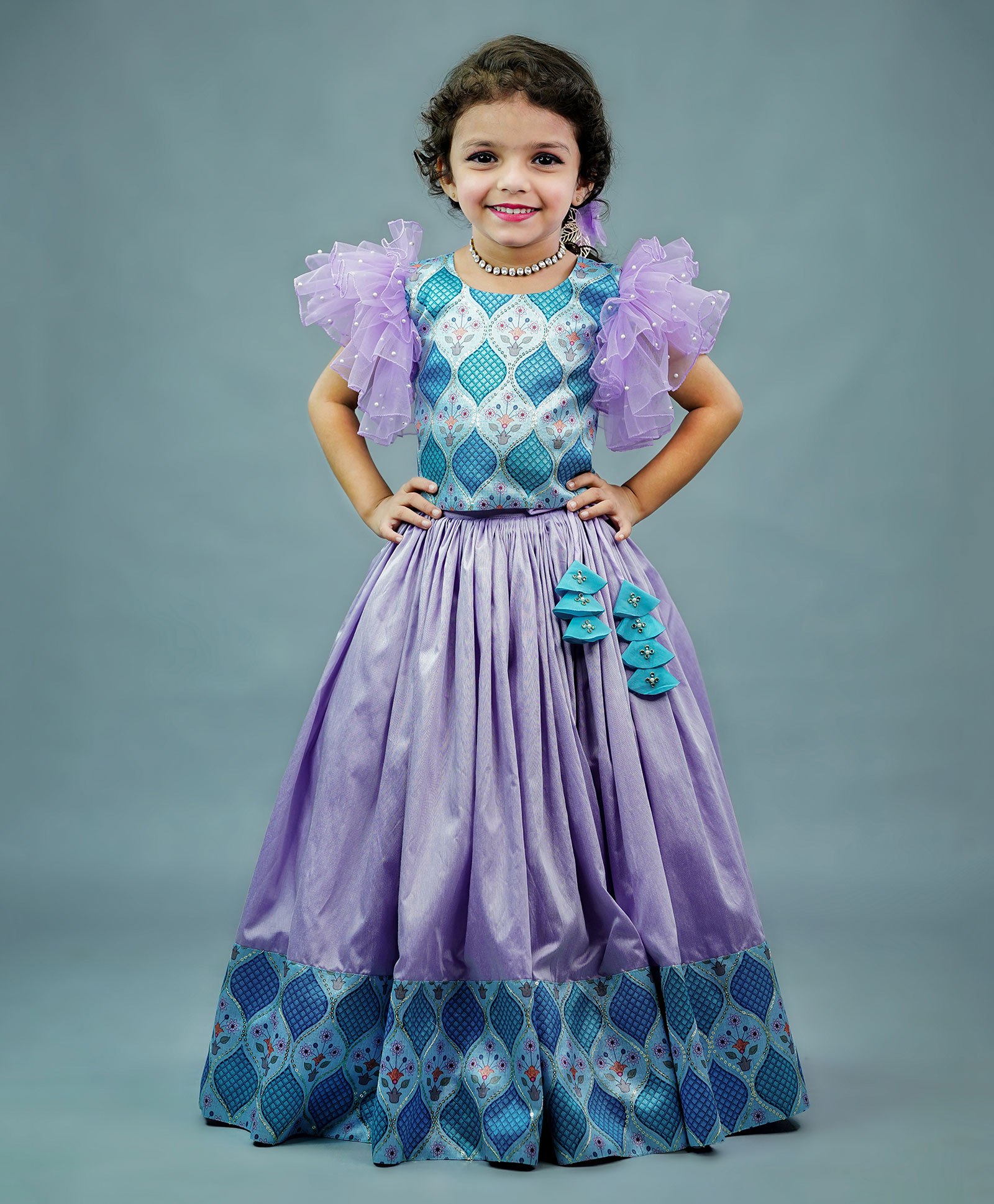 Li&Li BOUTIQUE Frill Sleeves Scallop Design Top With Coordinating Skirt  - Lavender & Aqua Blue-picture-18