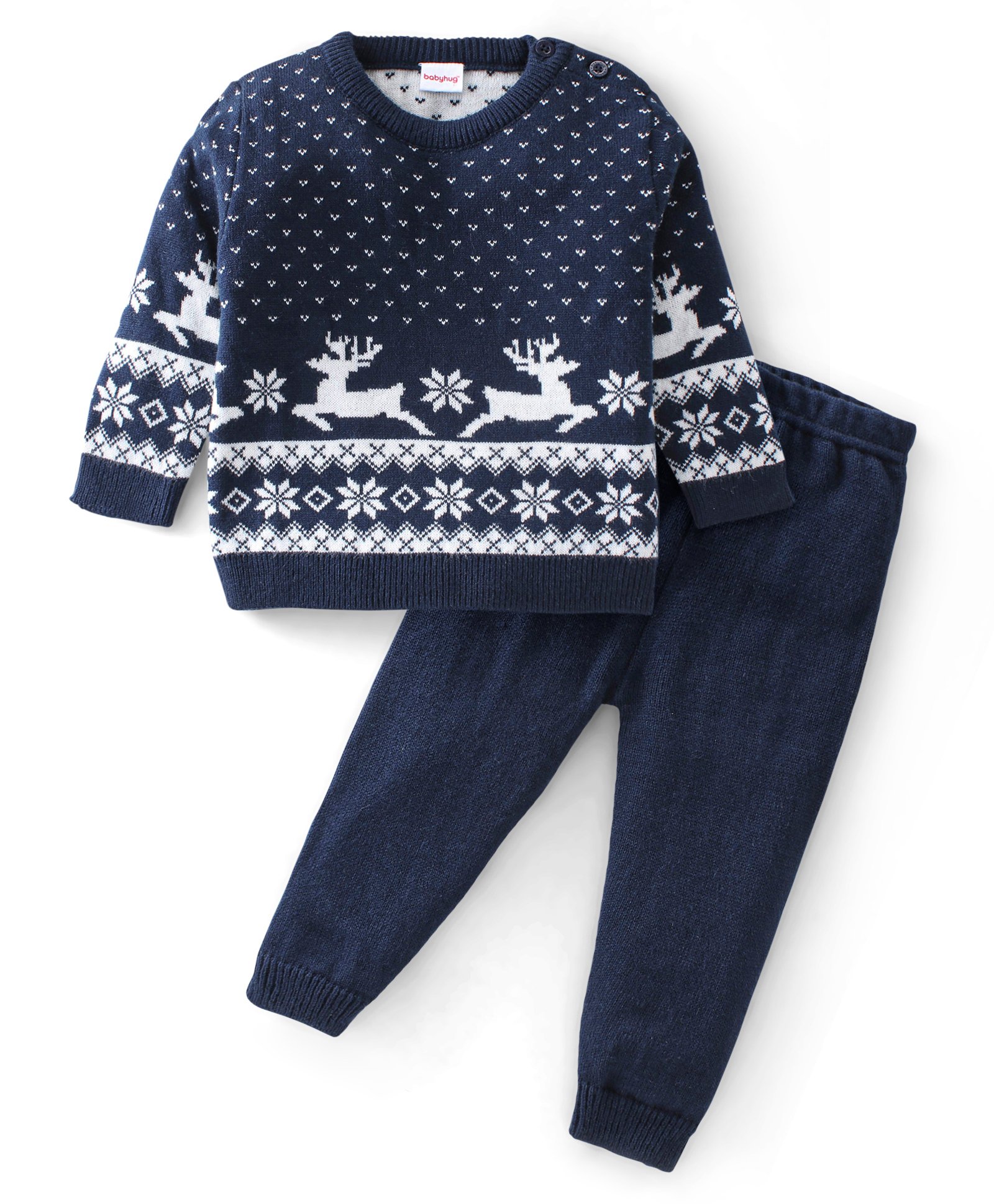 Babyhug Knitted Full Sleeves Sweater Set Deer Design - Navy Blue-image-46