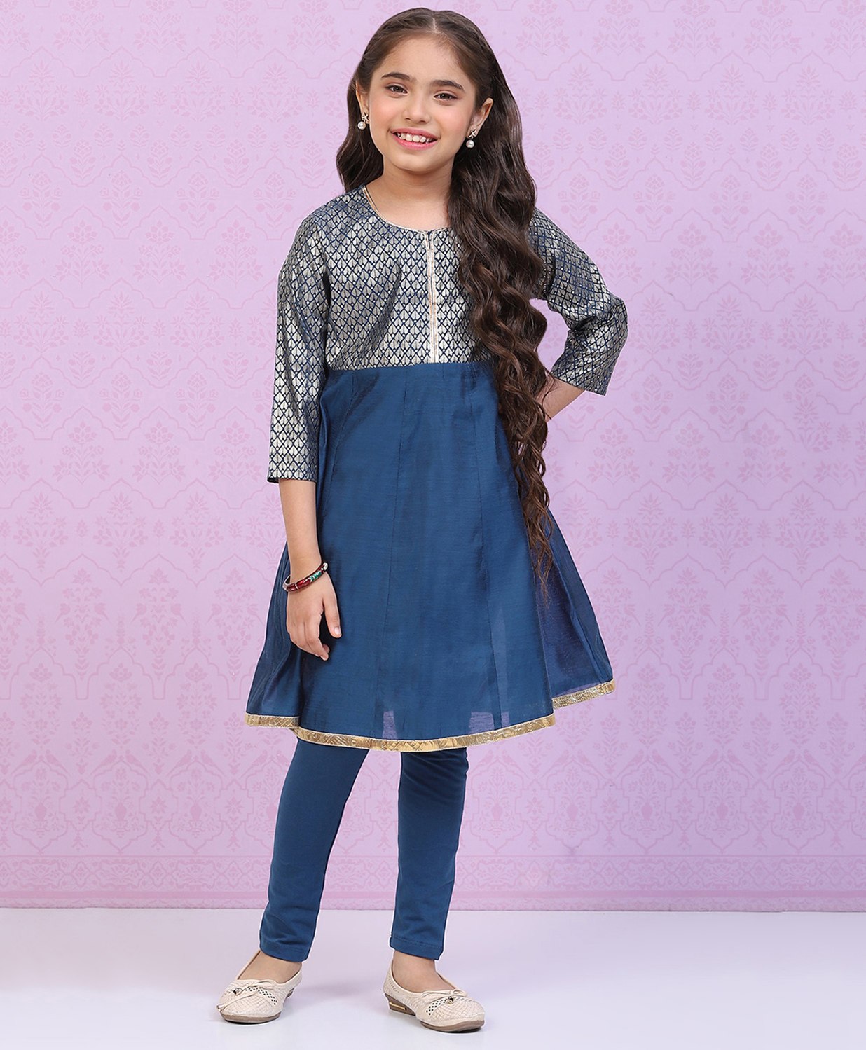 BIBA Three Fourth Sleeves Placement Ethnic Motif Foil Printed & Lace Embellished Kurta & Churidar Set - Blue-image-16