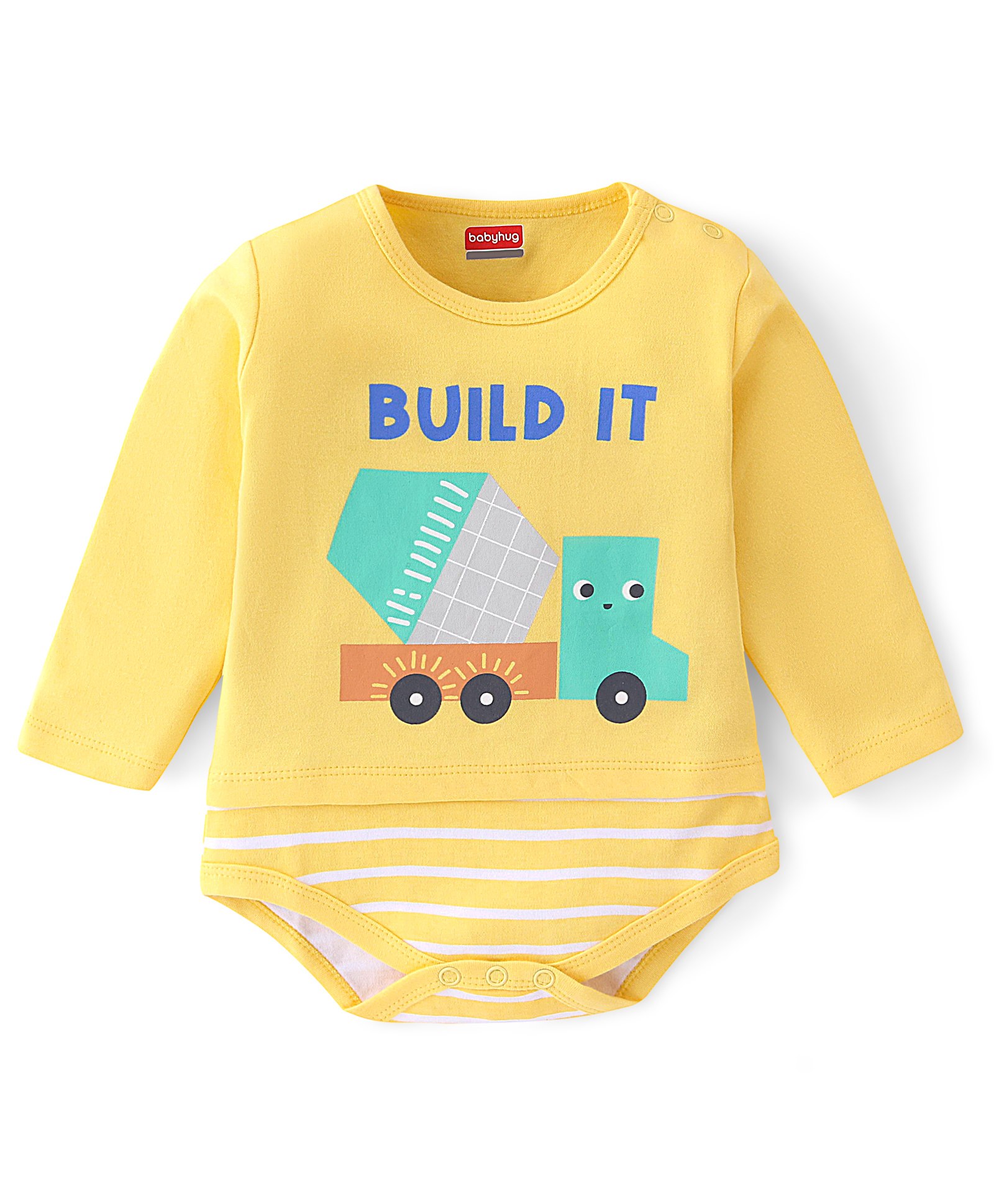 Babyhug 100% Cotton Knit Full Sleeves Onesie Truck Print - Yellow-image-28