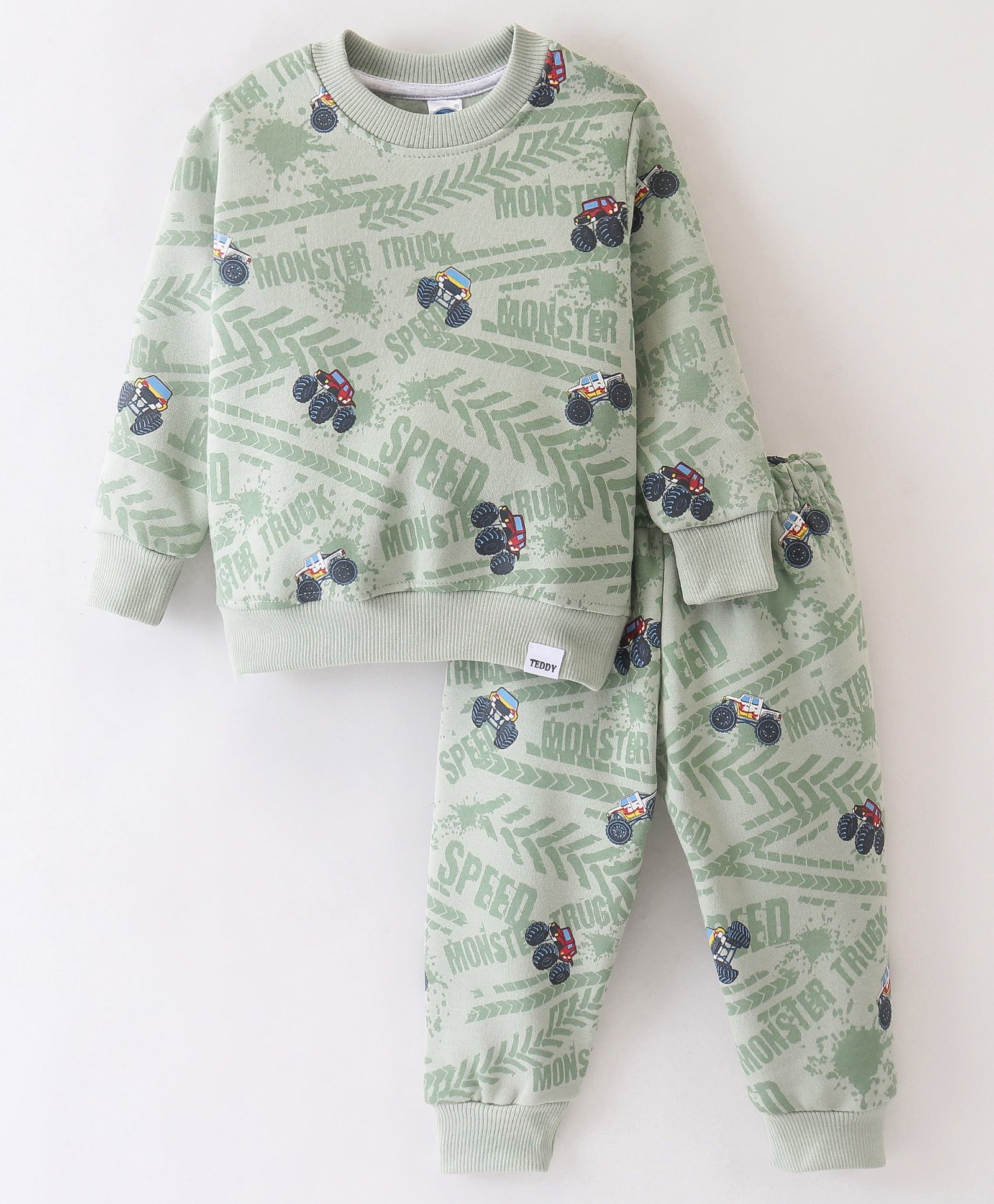 Teddy Cotton Fleece Knit Full Sleeves Winter Wear Night Suit Car Print - Green