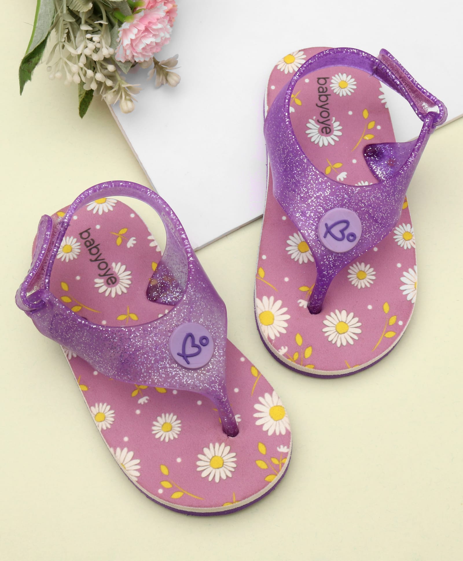 Babyoye Slip On Flip Flops with Back Strap Velcro Closure & Floral Print - Purple-image-43