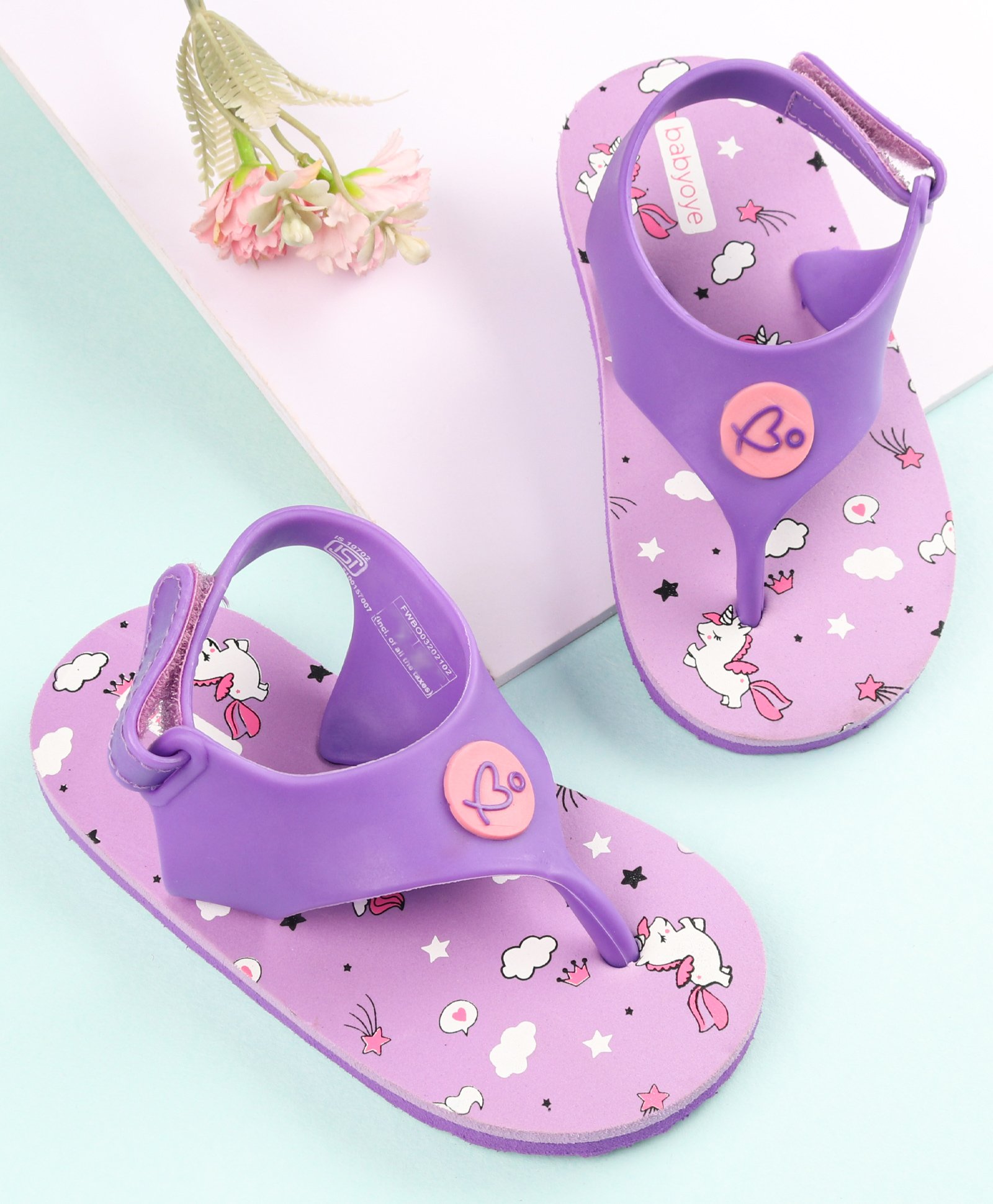 Babyoye Velcro Closure Flip Flops Unicorn Print - Purple-image-39