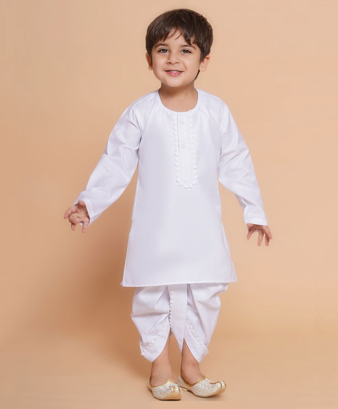 AJ Dezines Full Sleeves Placket Frill Lace Detailed Kurta With Dhoti - White-picture-25