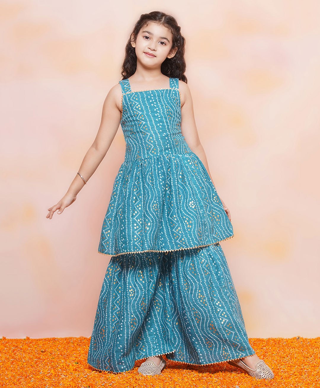 AJ Dezines Sleeveless Bandhej Designed & Gota Lace Embellished Coordinating Kurta & Sharara Set - Blue-picture-0