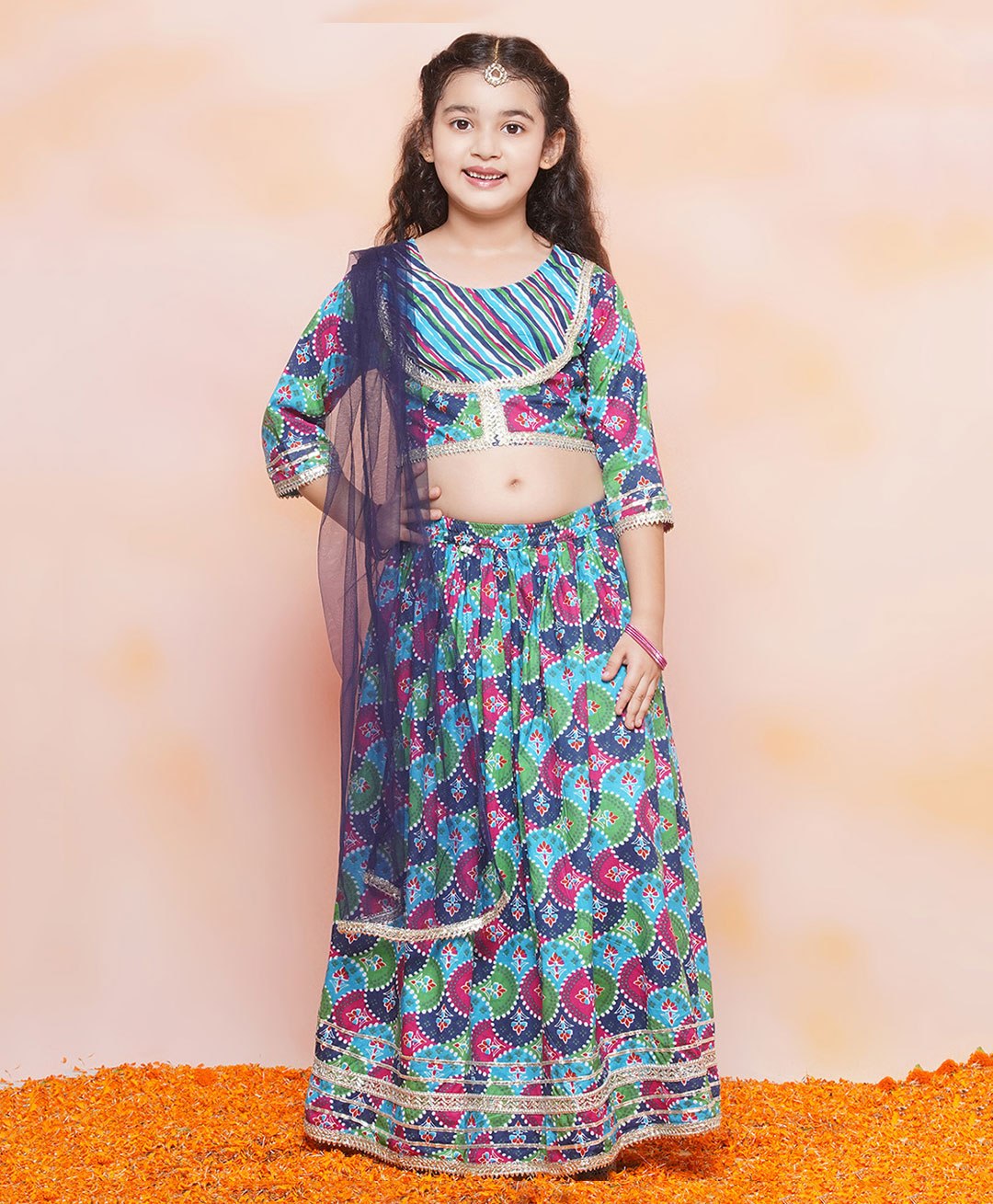 AJ Dezines Three Fourth Sleeves Scallop Patola Motif & Leheriya Designed With Lace Embellished Coordinating Lehenga & Choli Set - Blue-picture-39