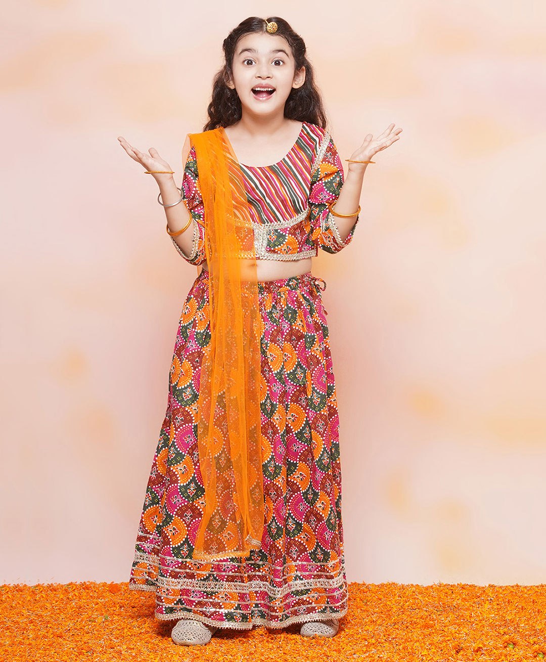 AJ Dezines  Three Fourth Sleeves Leheriya & Scallop Patola Motif  Printed With Gota Lace Embellished Choli With Coordinating  Lehenga & Dupatta  Set - Orange-picture-11