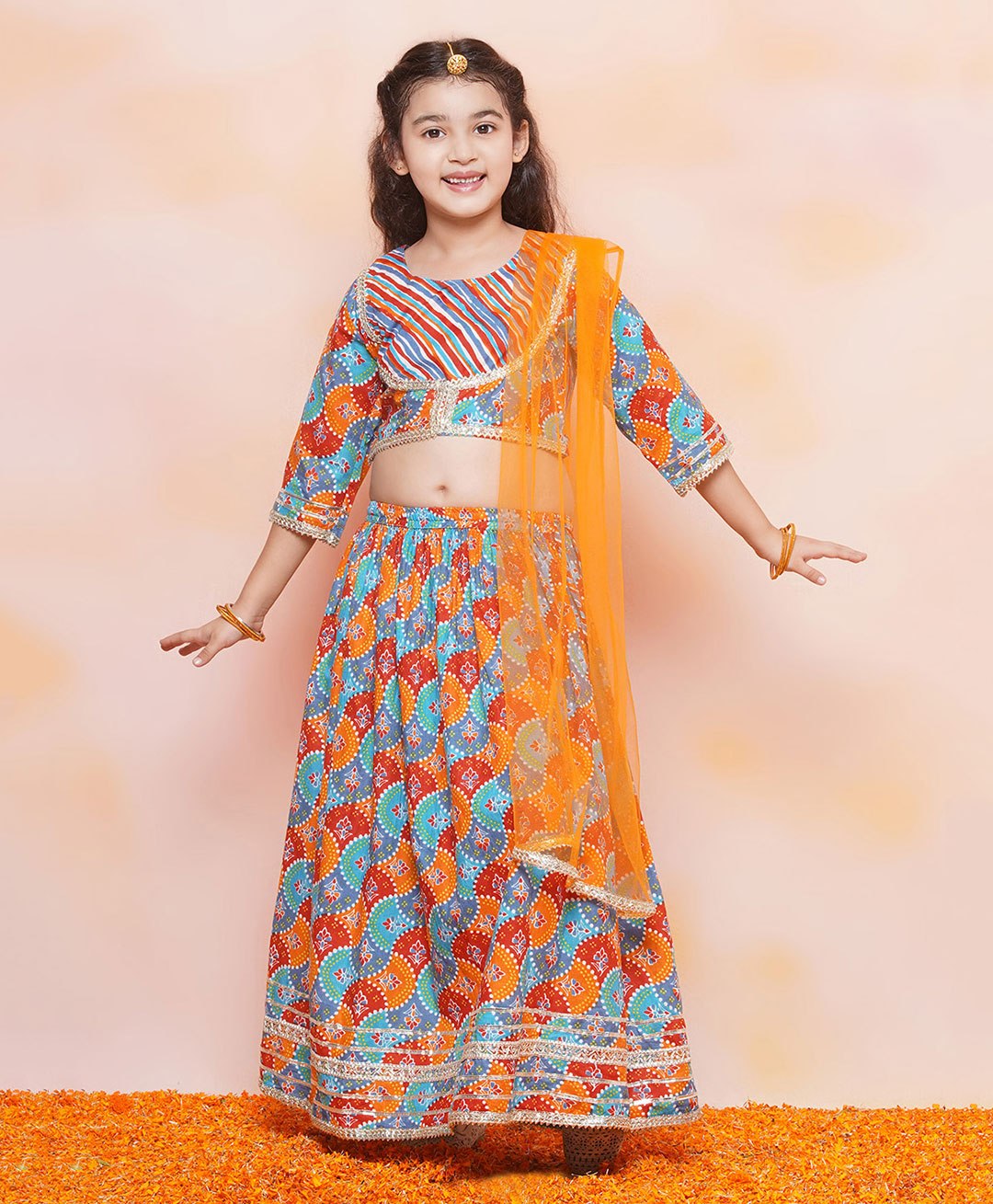 AJ Dezines  Three Fourth Sleeves Leheriya & Scallop Patola Motif  Printed With Gota Lace Embellished Choli With Coordinating  Lehenga & Dupatta  Set - Sky Blue-picture-15