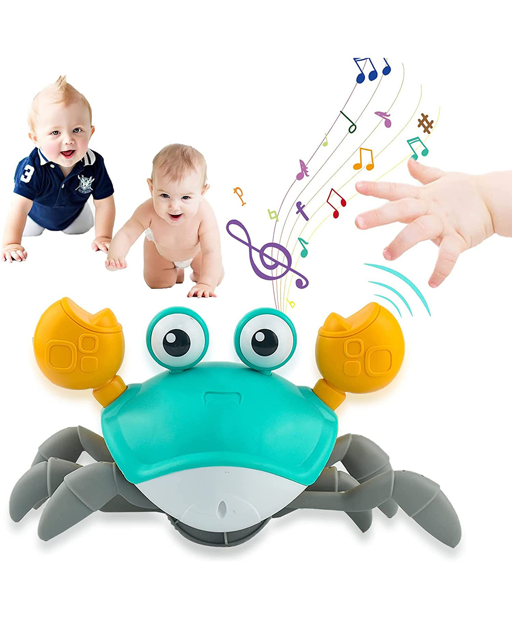 Kidology Crawling Crab Infant Tummy Time Toys | Kids Electronic Musical Light up Toy with Automatically Obstacle Avoidance Induction | Walking Moving Baby Toys with Music, LED Lights and USB Cable(green)-image-1