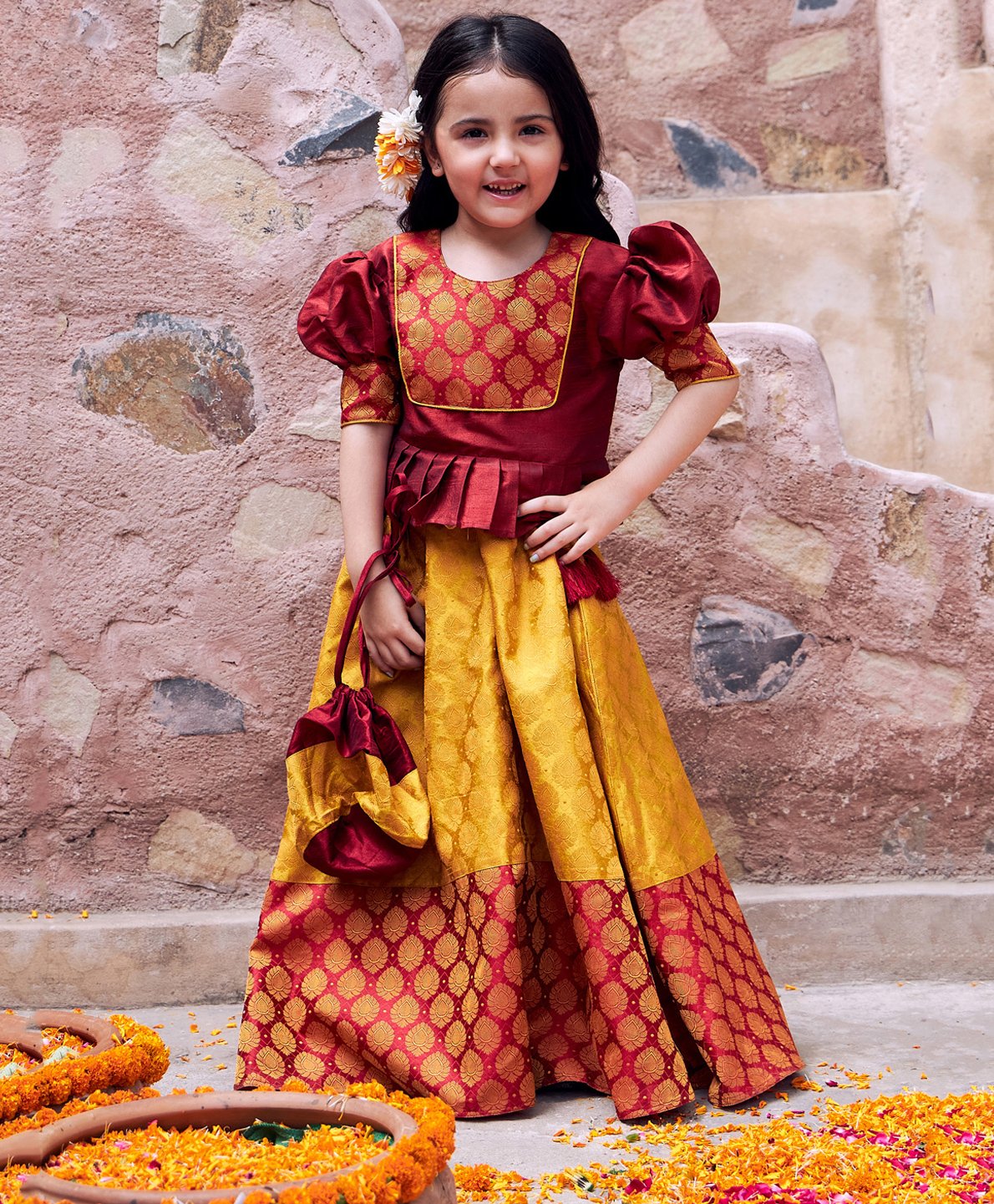 Vastramay Half Puffed Sleeves   Jacquard Designed Lehenga Set With Coordinating Potli Bag - Maroon and Mustard Yellow-image-46