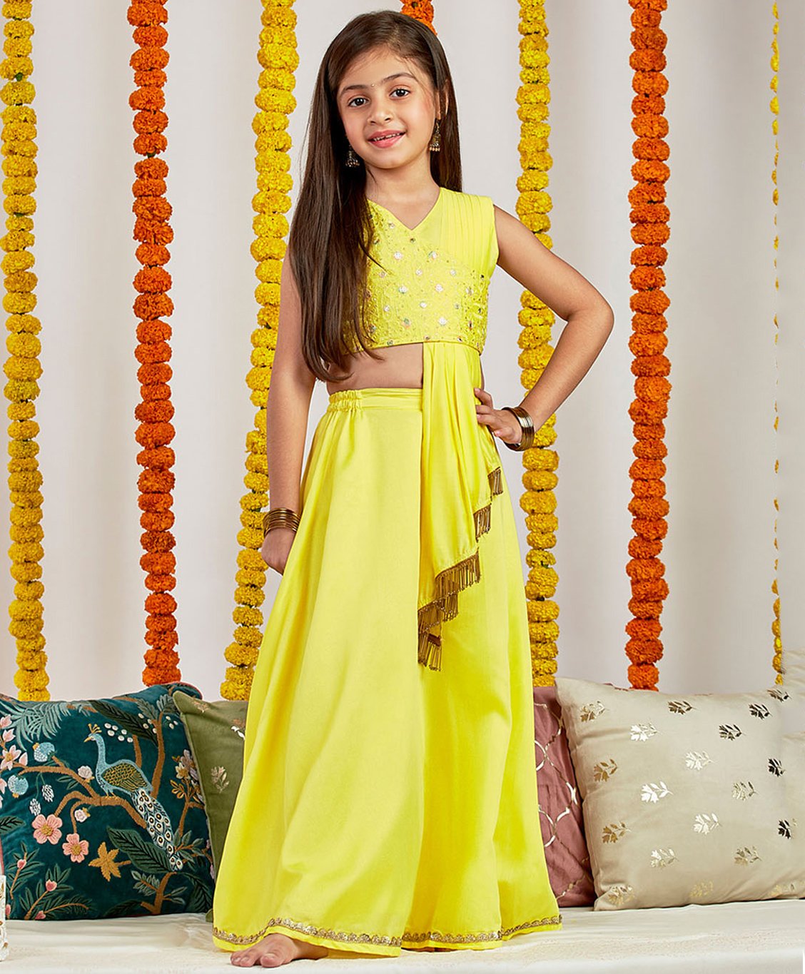 Vastramay Sleeveless Ready To Wear Self Embroidered & Sequin Embellished Choli With Lace Detailed Lehenga With Attached Dupatta - Yellow-picture-11