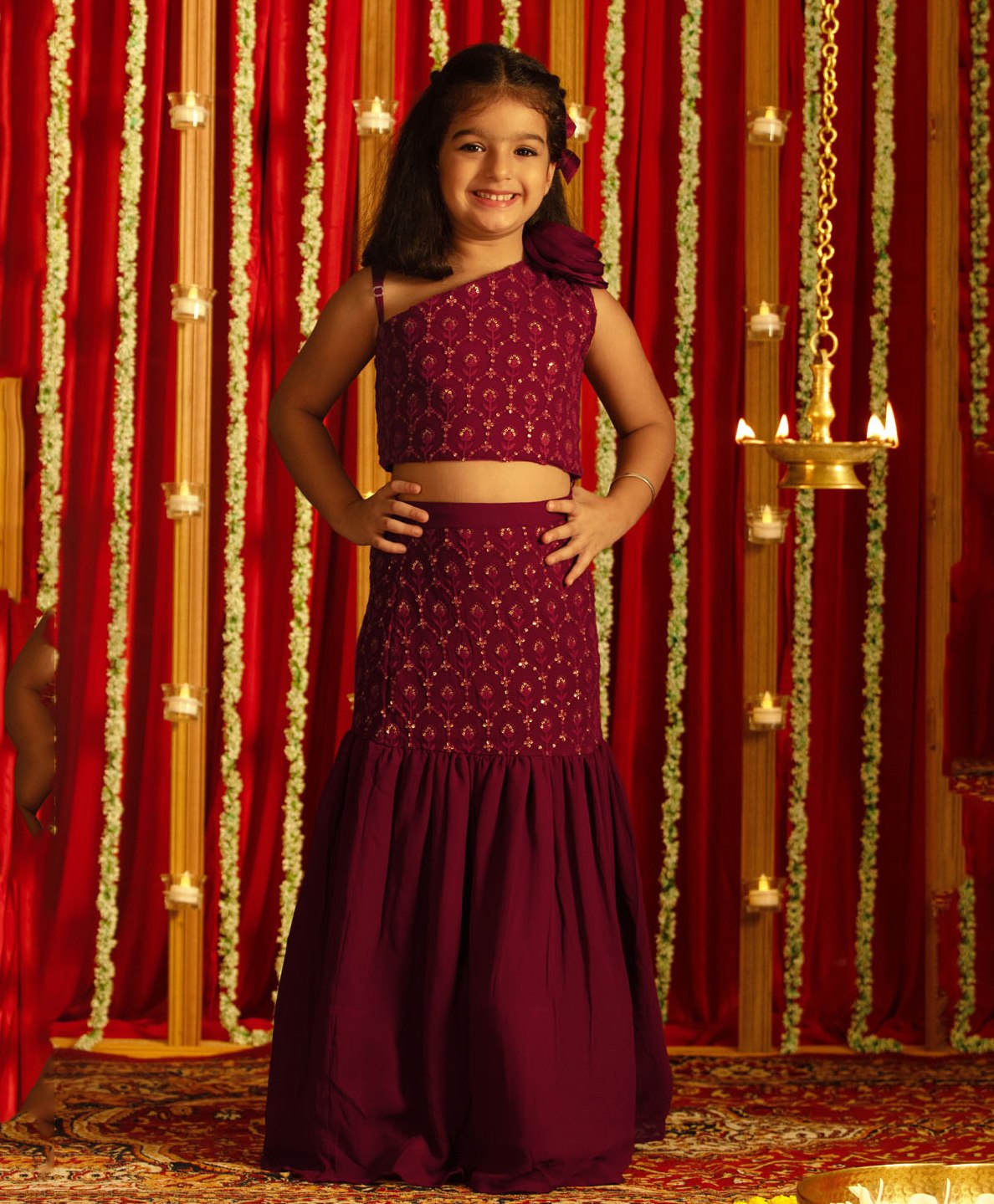 Vastramay One Shoulder Sleeveless Floral Motif Sequin Embellished Choli With Coordinating  Ready To Wear Lehenga Set - Wine Maroon-image-33