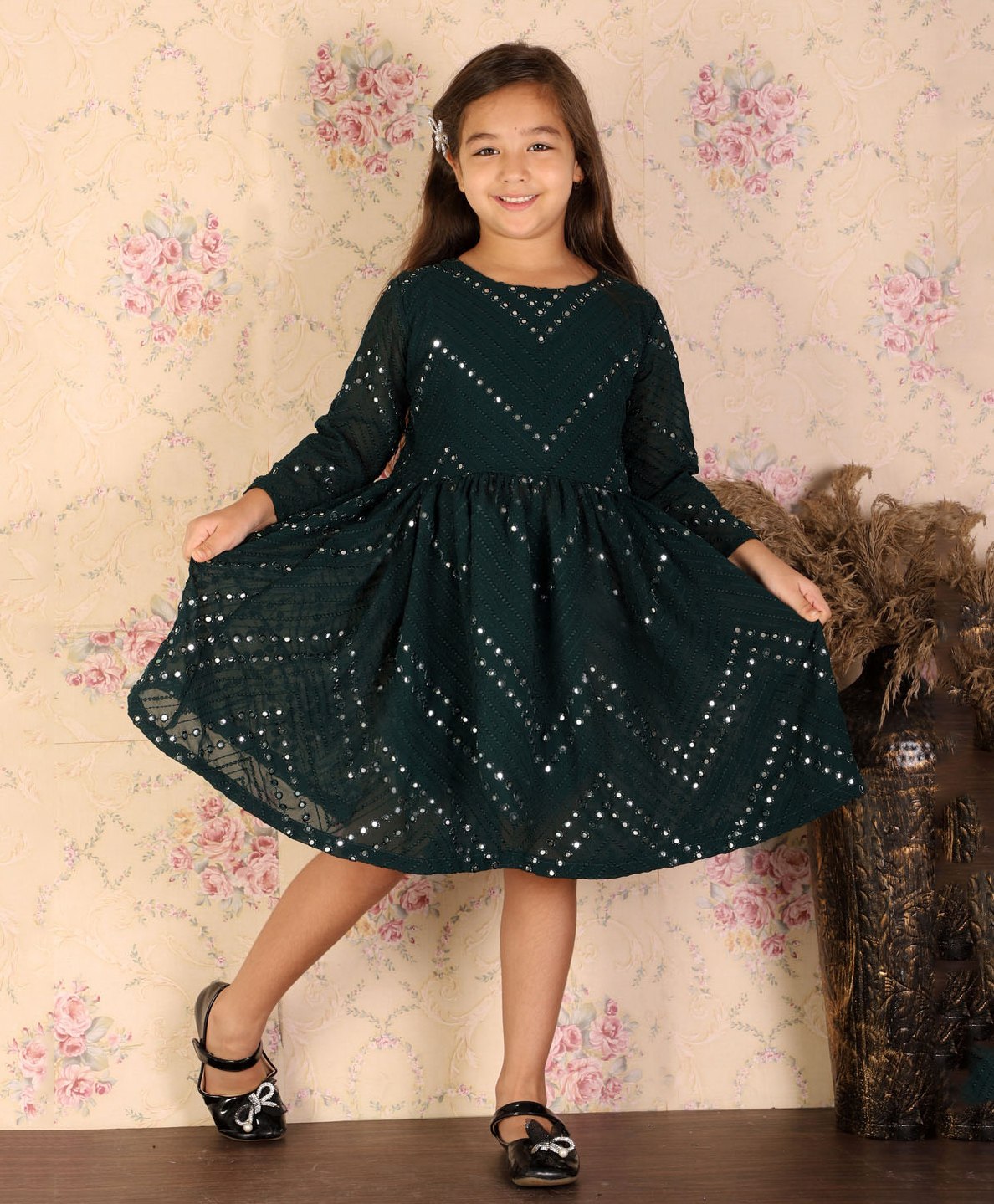 Vastramay  Full Sleeves Mirror Work Embellished  Ethnic Dress - Green-image-9