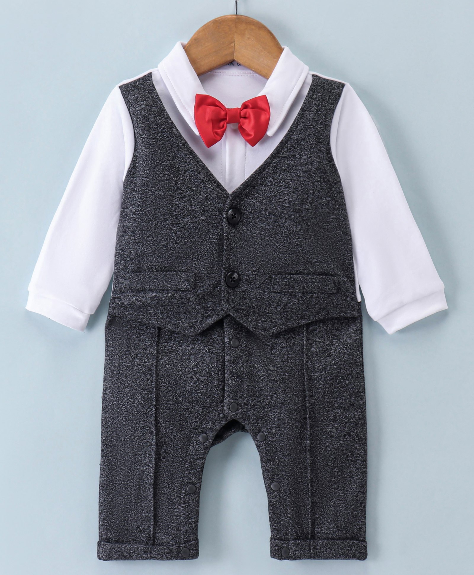Mark & Mia Full Sleeves Party Wear Romper with Bow Detailing & Waist Coat Solid Colour - White & Grey-picture-34