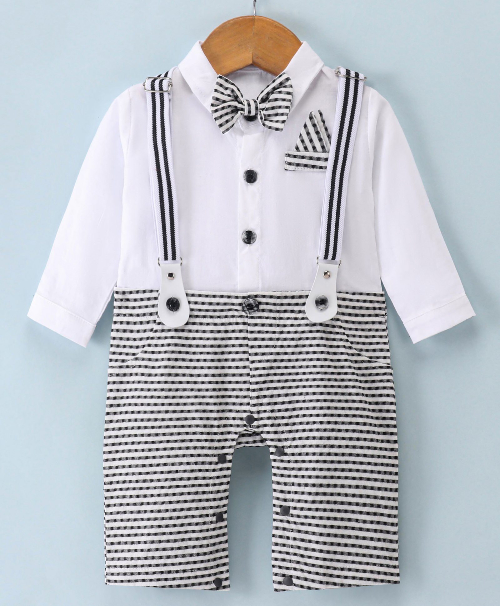 Mark & Mia Full Sleeves Party Wear Romper with Bow Detailing & Suspender Striped - White & Grey-picture-23