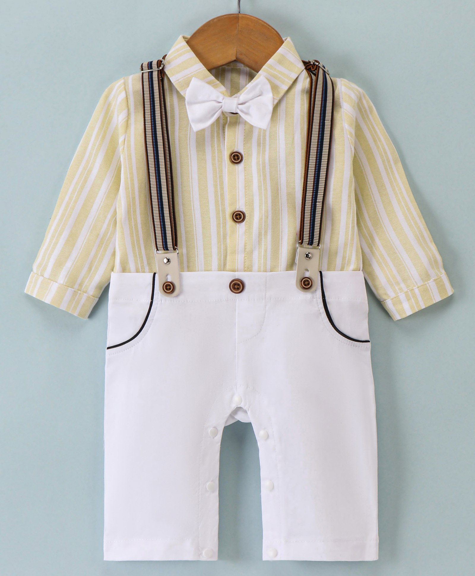 Mark & Mia Full Sleeves Party Wear Romper with Bow Detailing & Suspender Striped Print - White & Yellow-picture-25