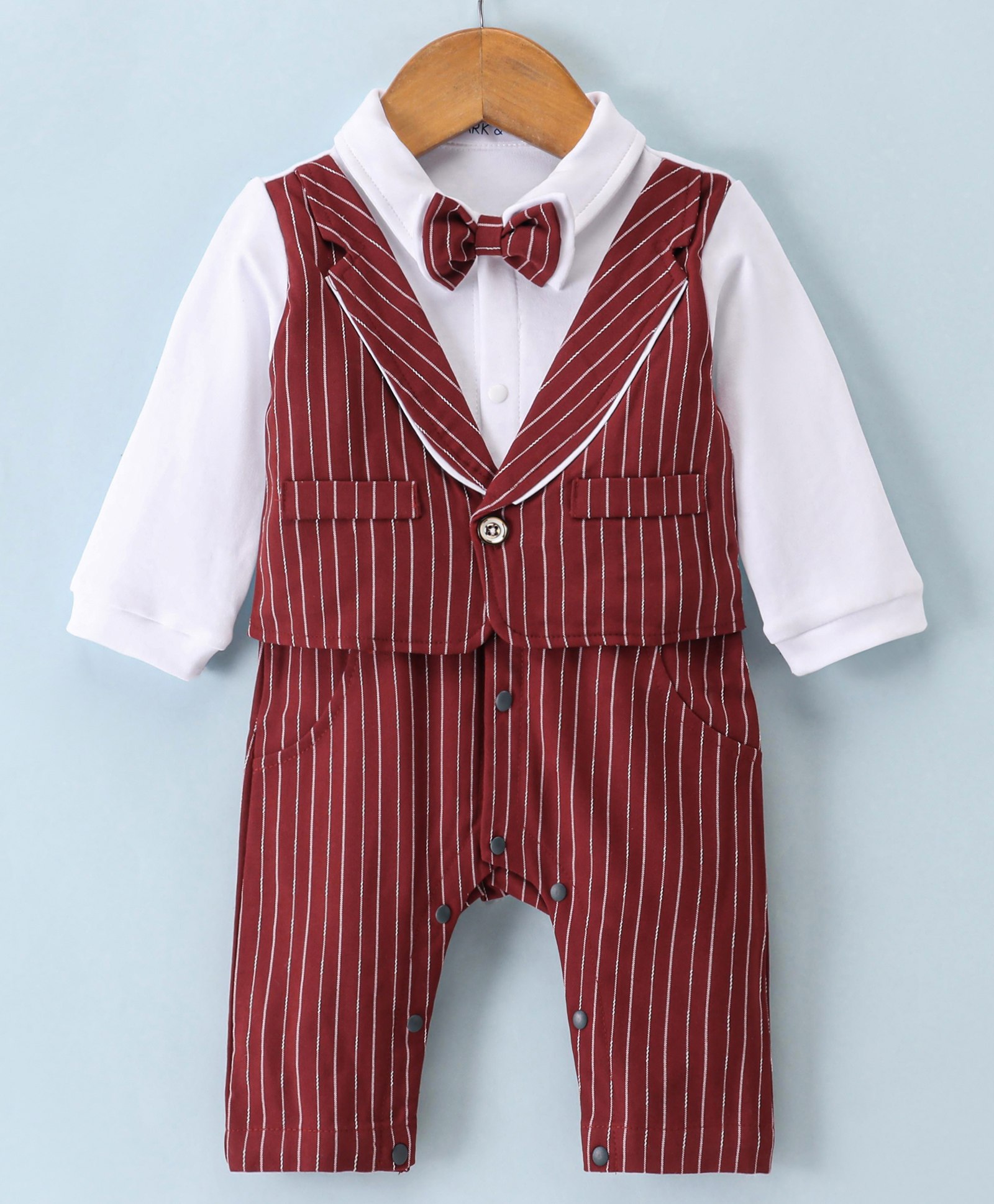 Mark & Mia Full Sleeves Party Wear Romper With Bow Striped - White & Maroon-image-33