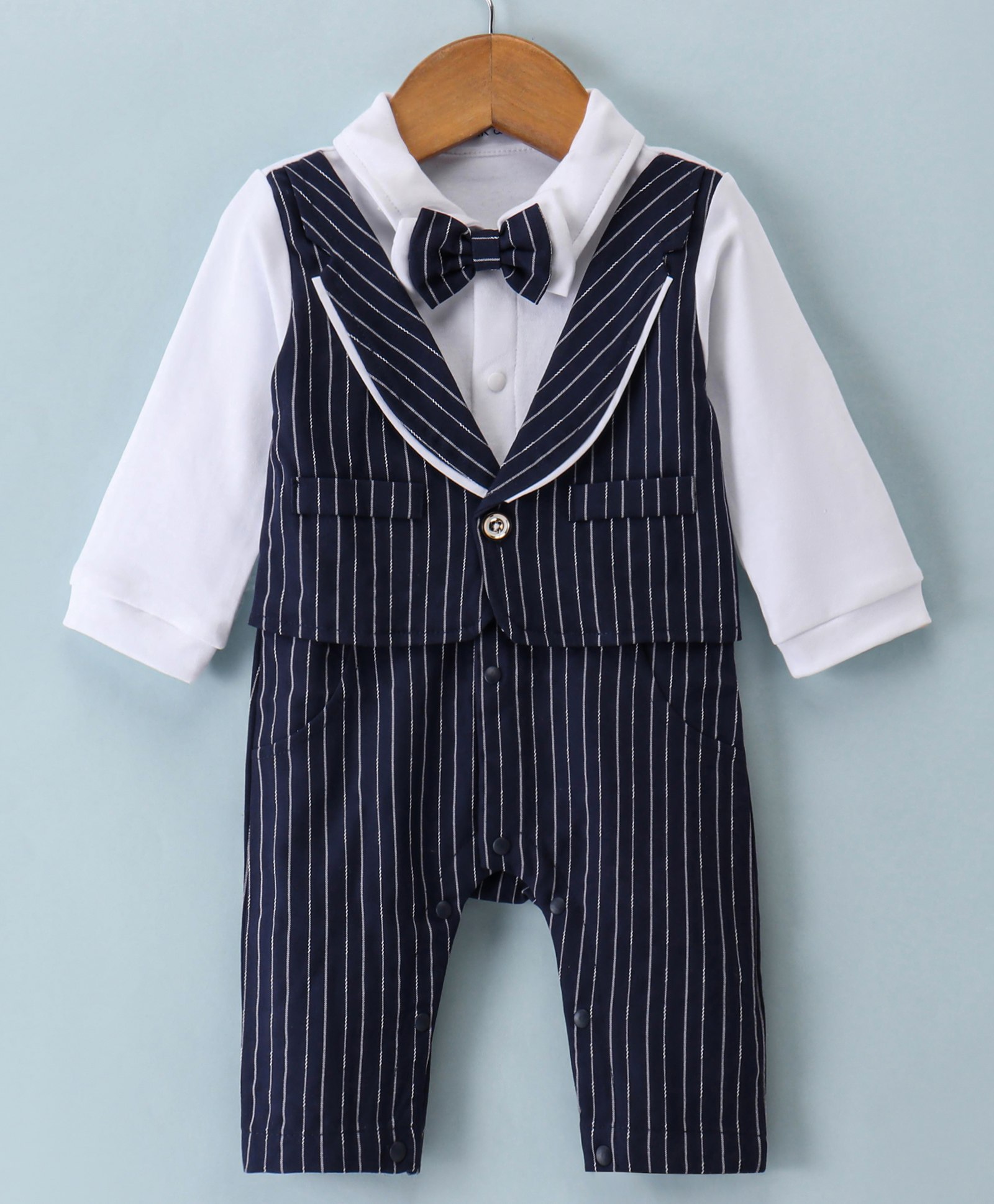 Mark & Mia Full Sleeves Party Wear Romper With Bow Striped - White & Blue-picture-23