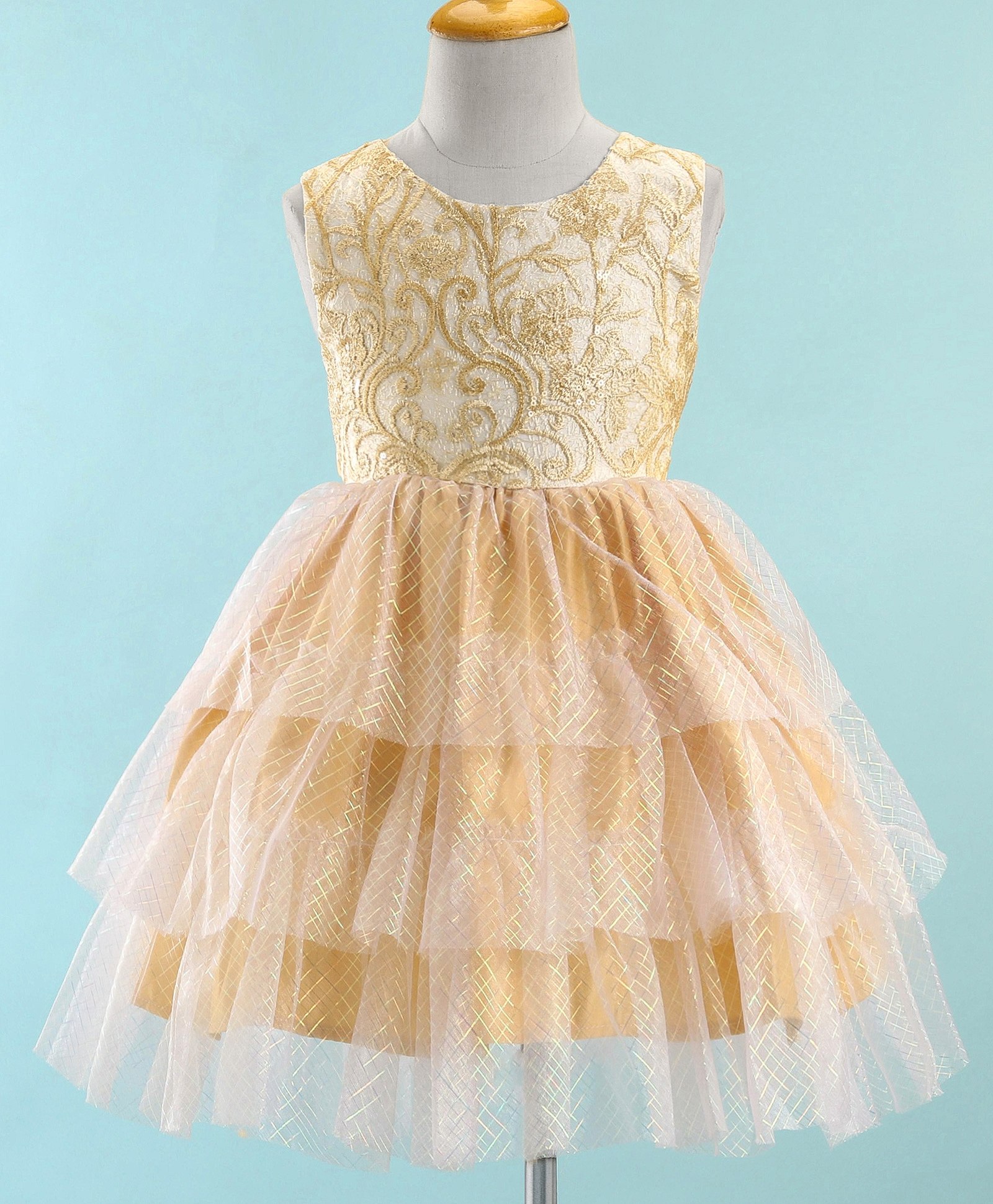 Mark & Mia Sleeveless Party Frock With Net Sequine Detailing & Floral Embroidery - Golden-image-46