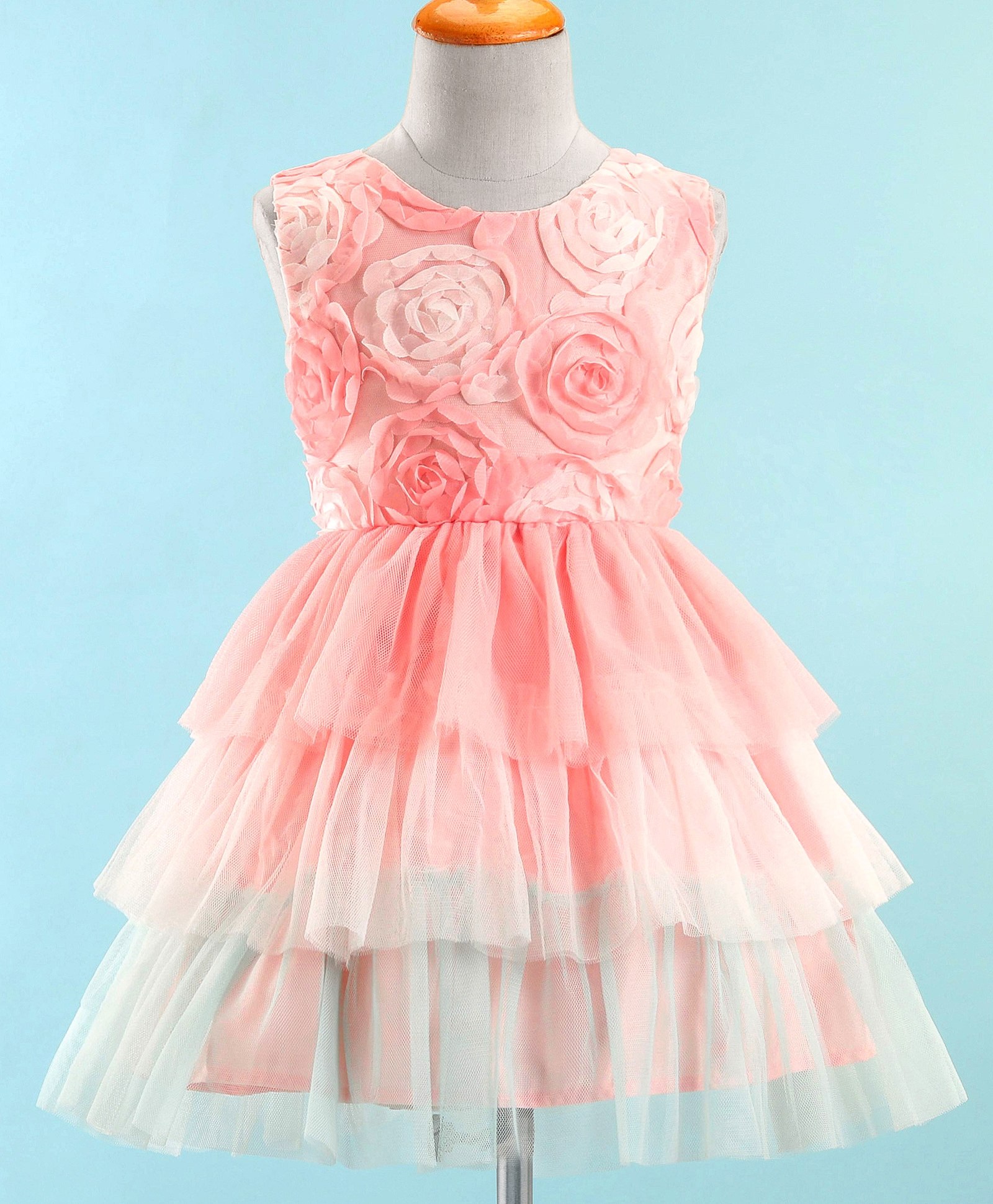 Mark & Mia Sleeveless Party Frock With Net & Floral Applique - Peach-image-5