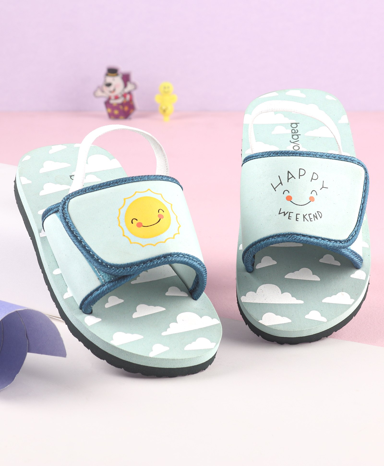 Babyoye Slip On Back Strap Flip Flops with Cloud Print-Mint Green-picture-14