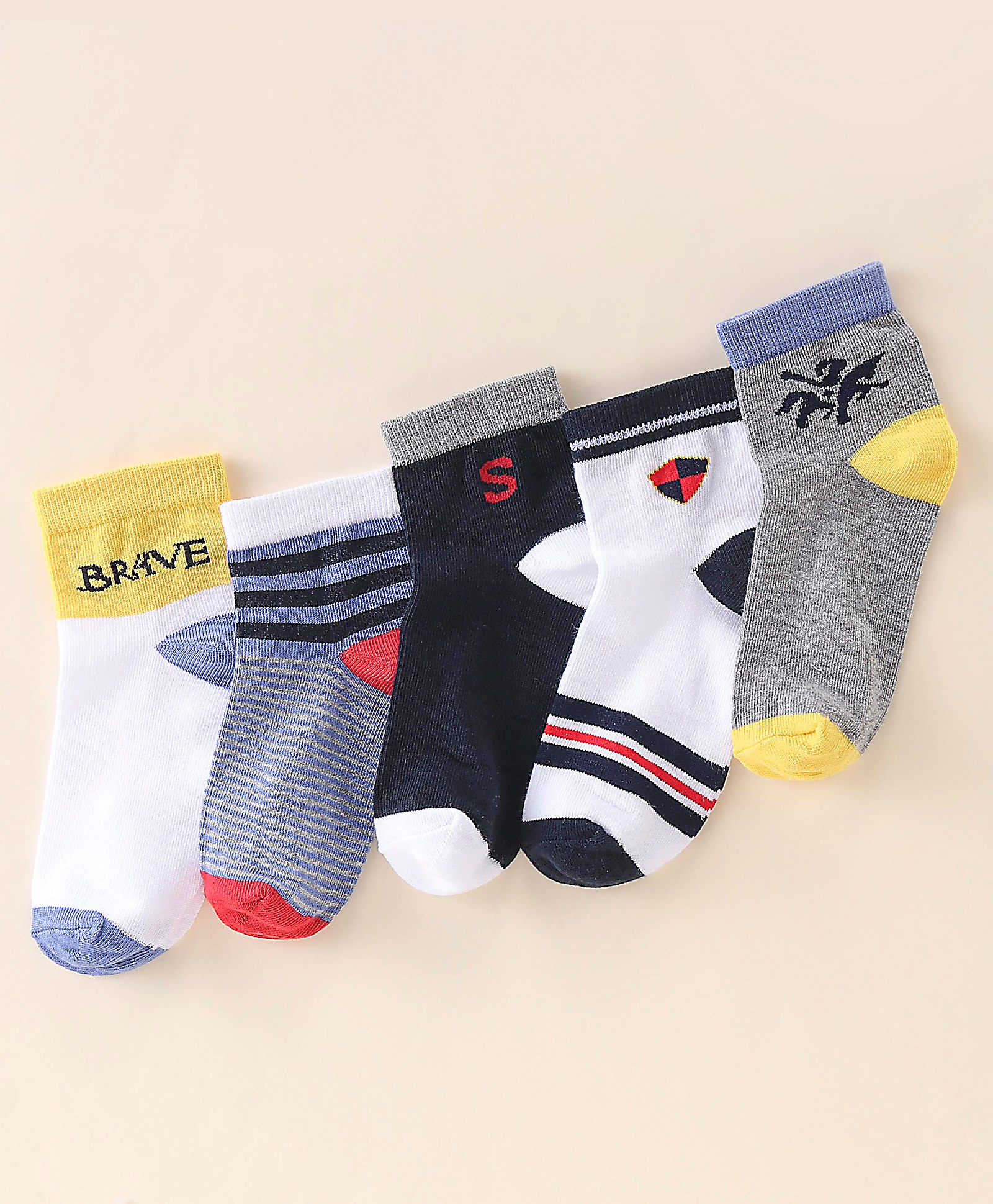 Spenta Cotton Blend Knit Ankle Socks Stripes & Text Design Pack Of 5 (Color May Vary)-image-1