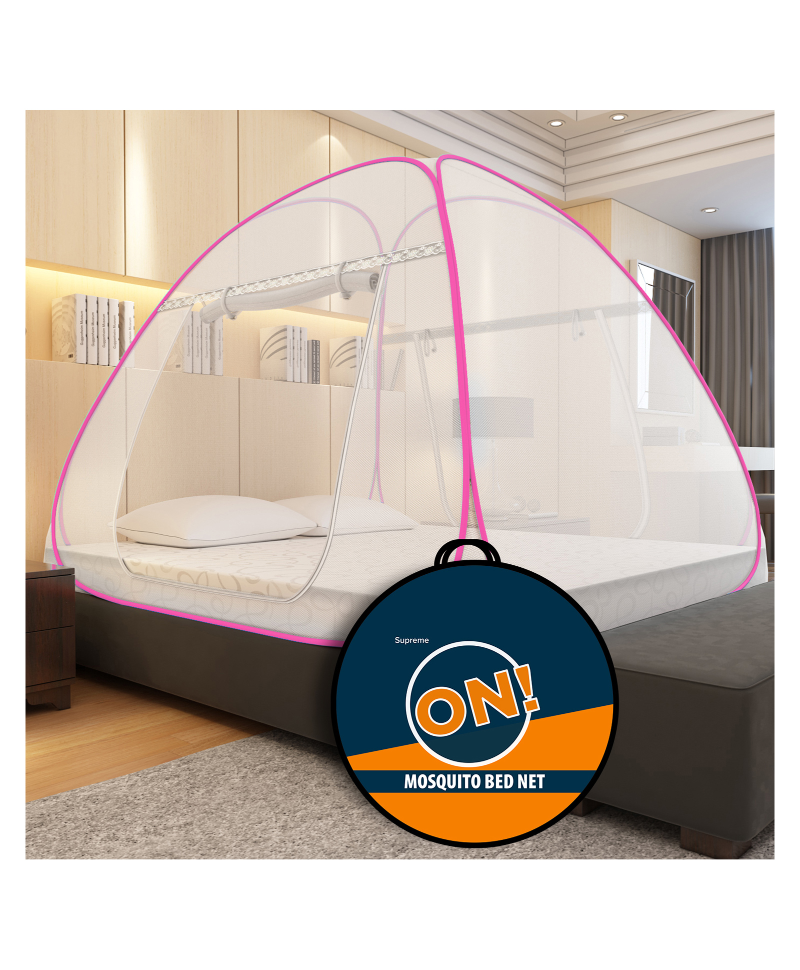 Supreme On Double Bed Premium Machardani Queen Size Mosquito Net - Pink-image-2