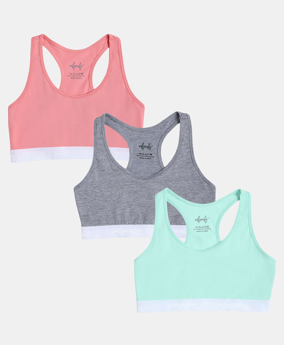 SillySally Pack Of 3 Sleeveless Solid Training Non Padded & Non Wired Bras - Mint Green Coral Pink & Grey Melange-picture-24