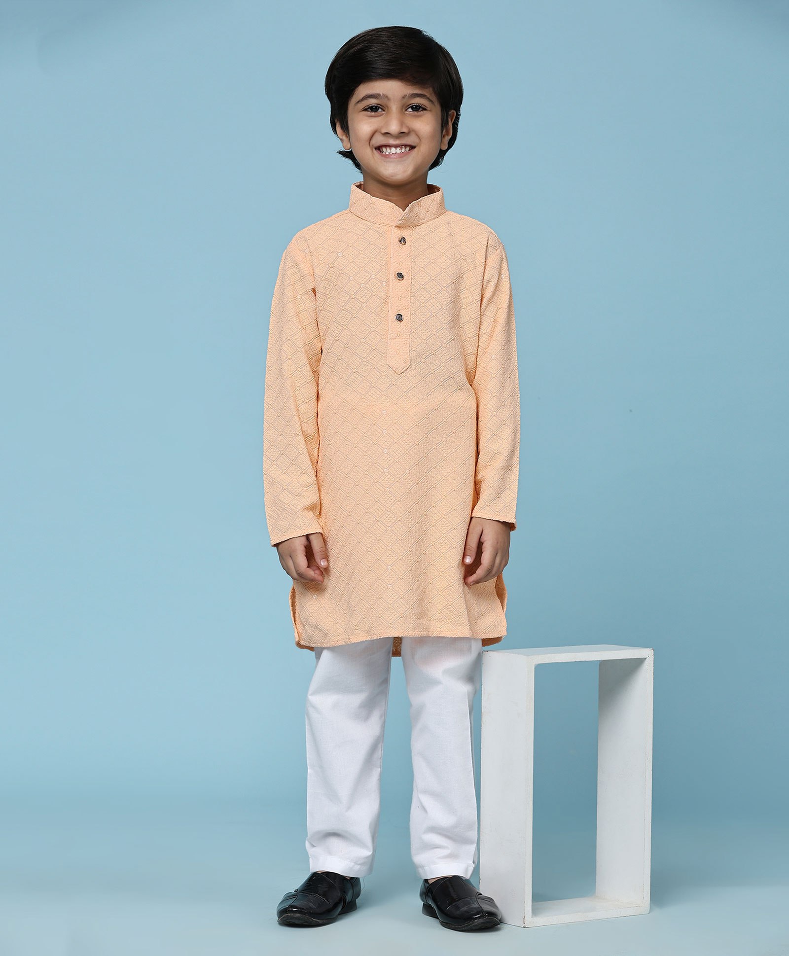 P-MARK Full Sleeves Seamless Intricate Blocks Embroidered & Sequin Embellished Kurta With Pyjama - Orange-image-35