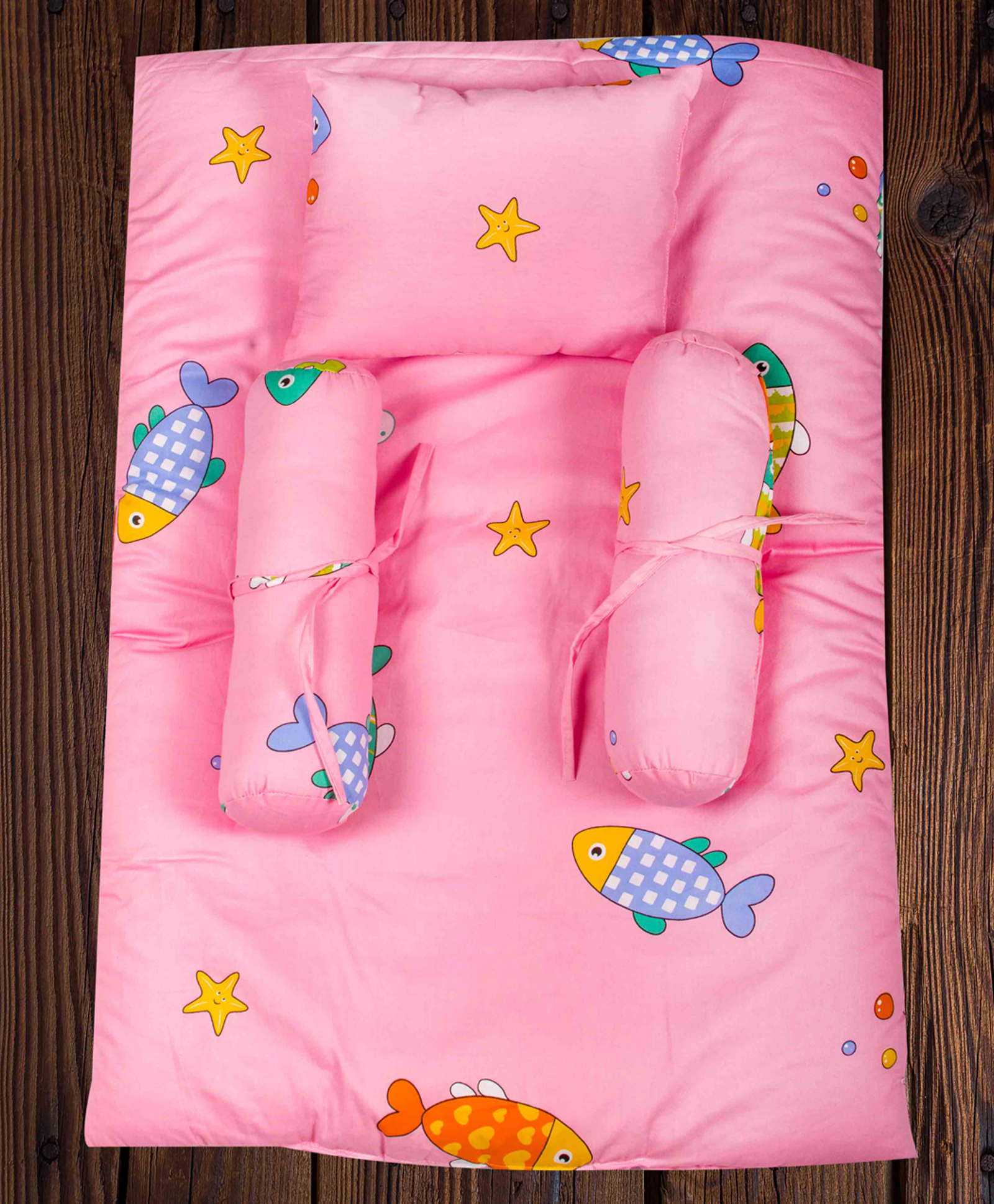 Mittenbooty Infant baby Bolster Bedding set in Twill Cotton Fish Print Pink-picture-23