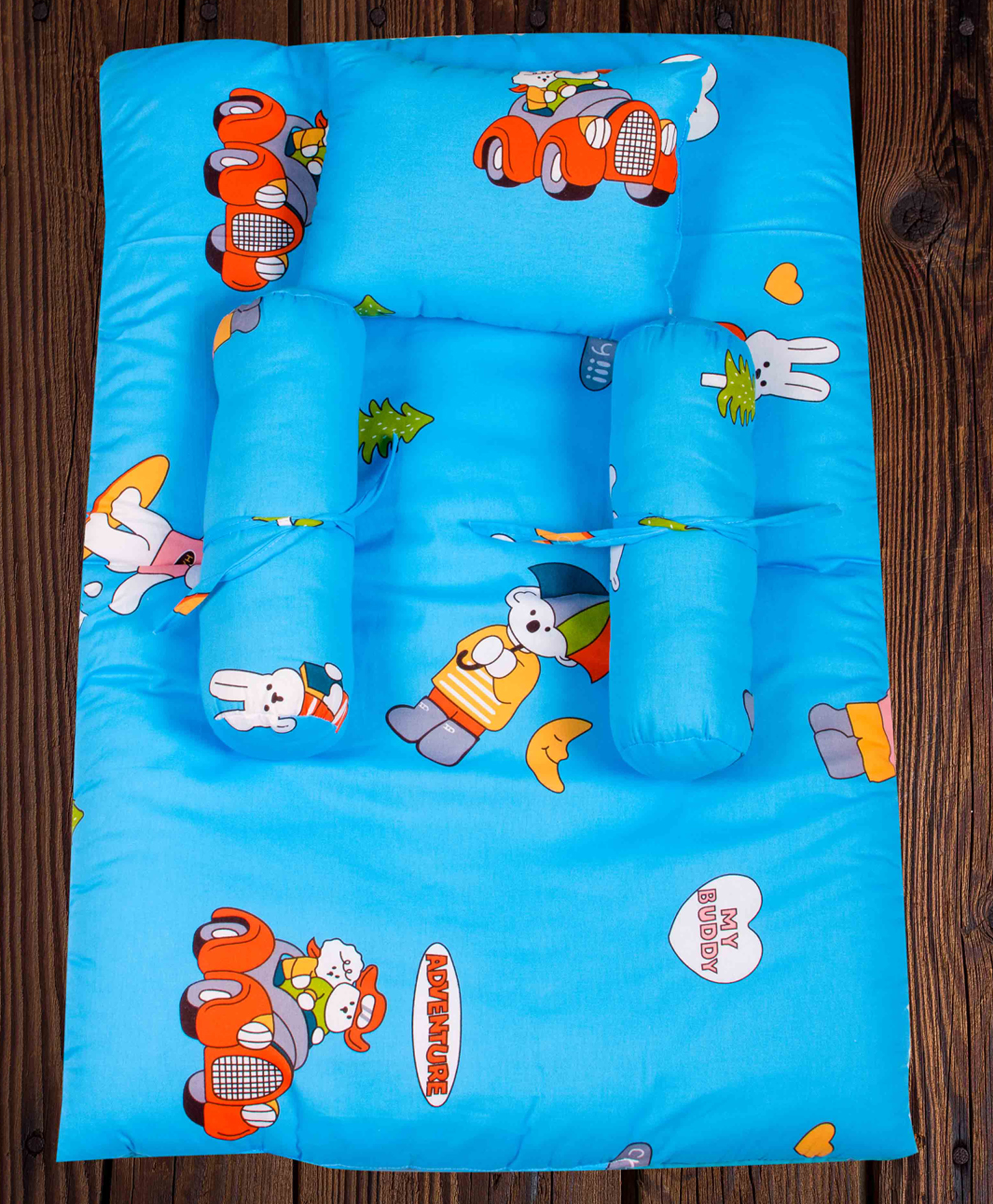 Mittenbooty Infant baby Bolster Bedding set in Twill Cotton Happy Print Blue-picture-18
