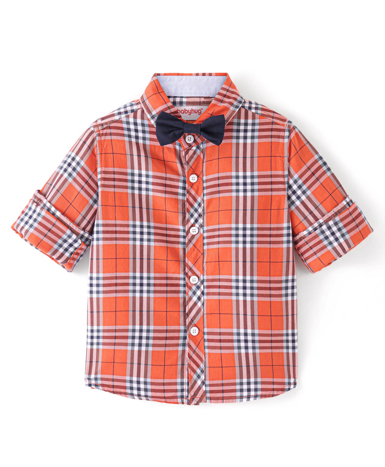 Babyhug Cotton Woven Full Sleeves Shirt Checkered with Bow - Orange-image-43