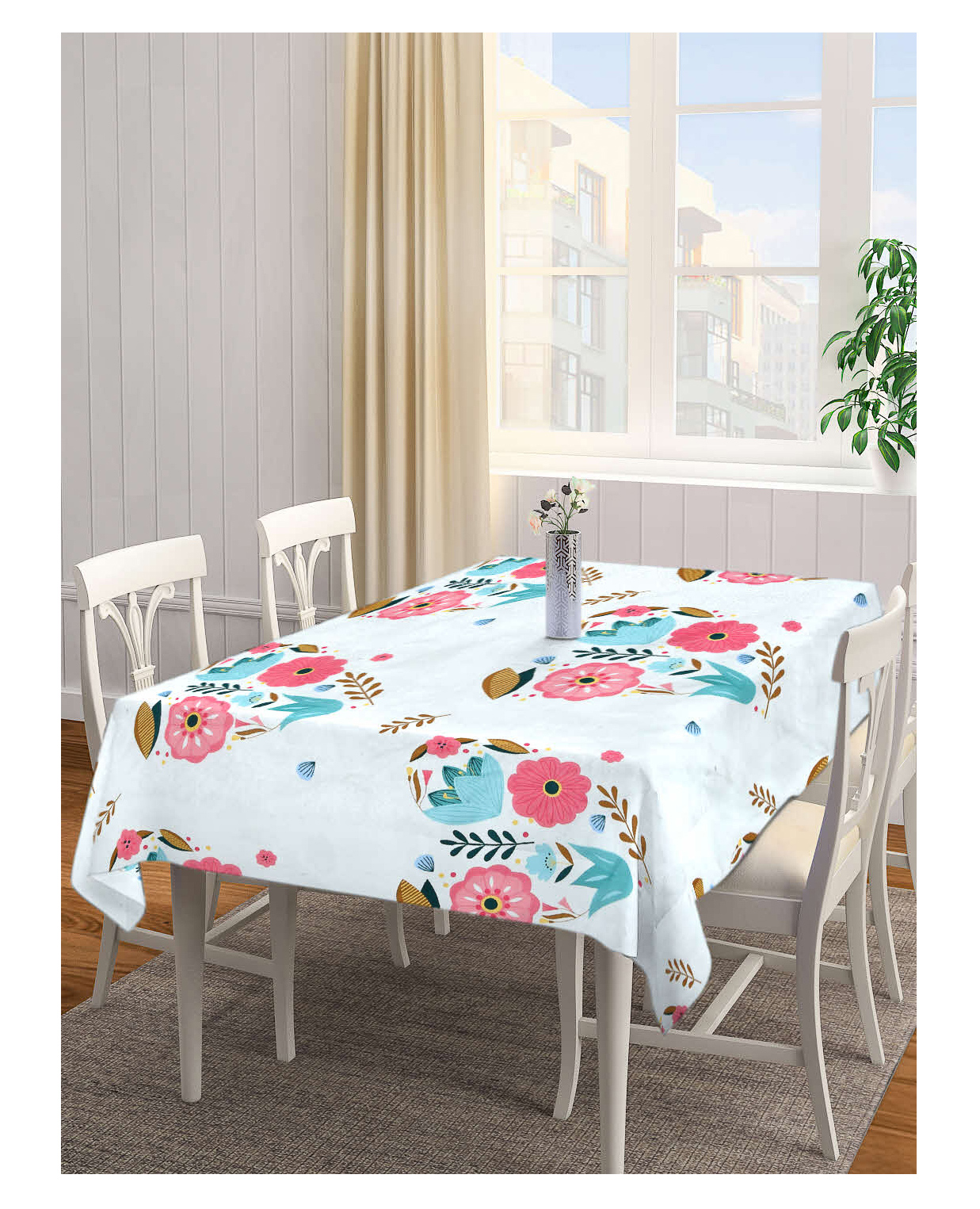 Arrabi Multi Floral TC Cotton Blend 6 Seater Table Cover ARTC-1164 - White-picture-46