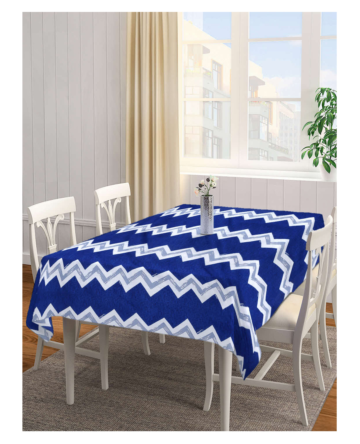 Arrabi Blue Geometric TC Cotton Blend 6 Seater Table Cover ARTC-1178 - Blue-image-49