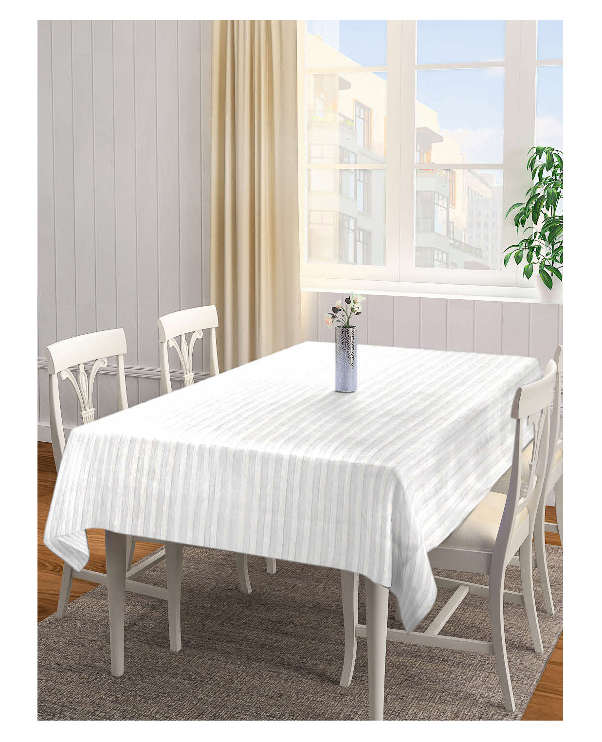 Arrabi White Stripes TC Cotton Blend 6 SEATER Table Cover ARTC-1191-White-S-picture-48