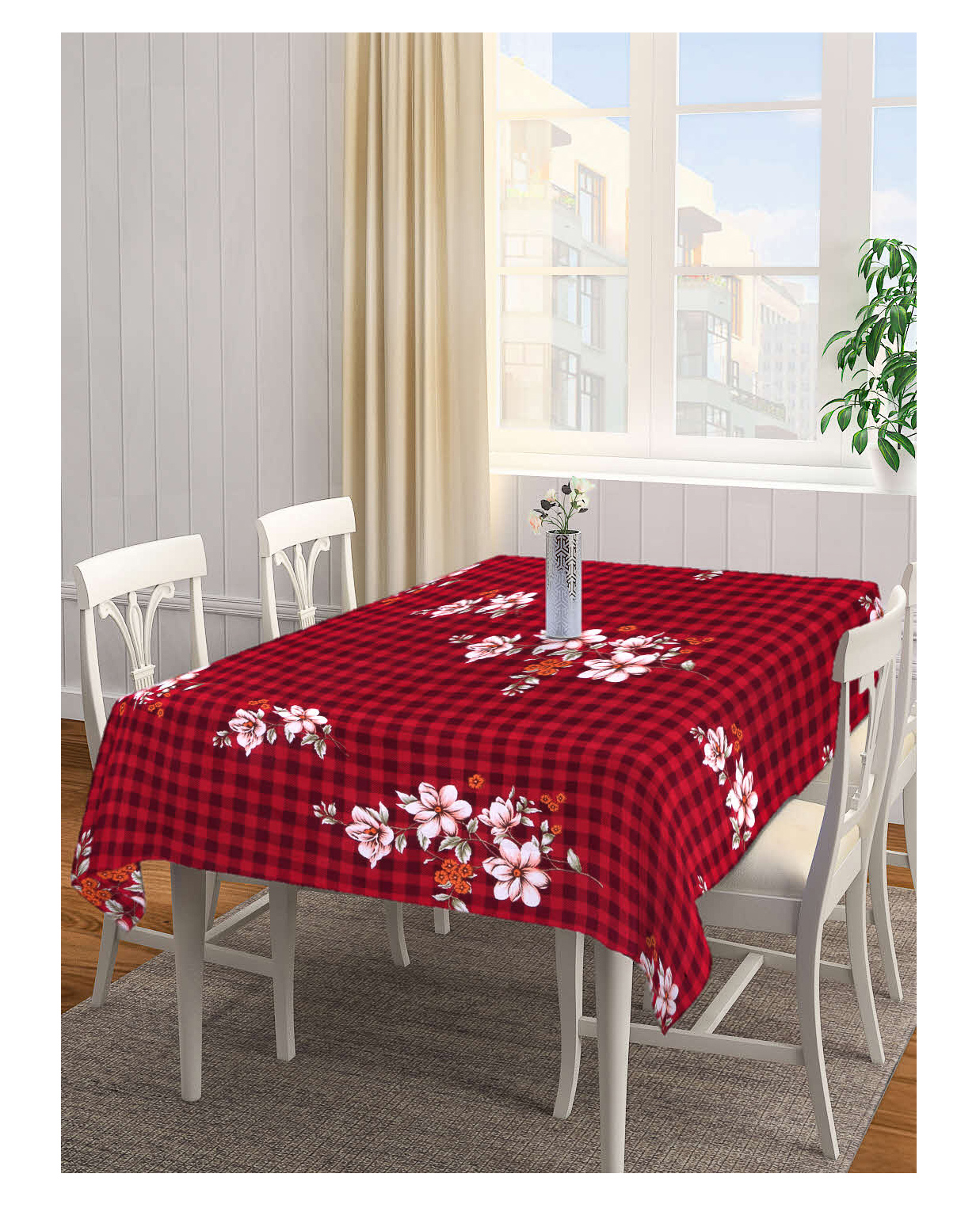 Arrabi Red Floral Tc Cotton Blend 6 Seater Table Cover Artc-1192-Red-S-image-20